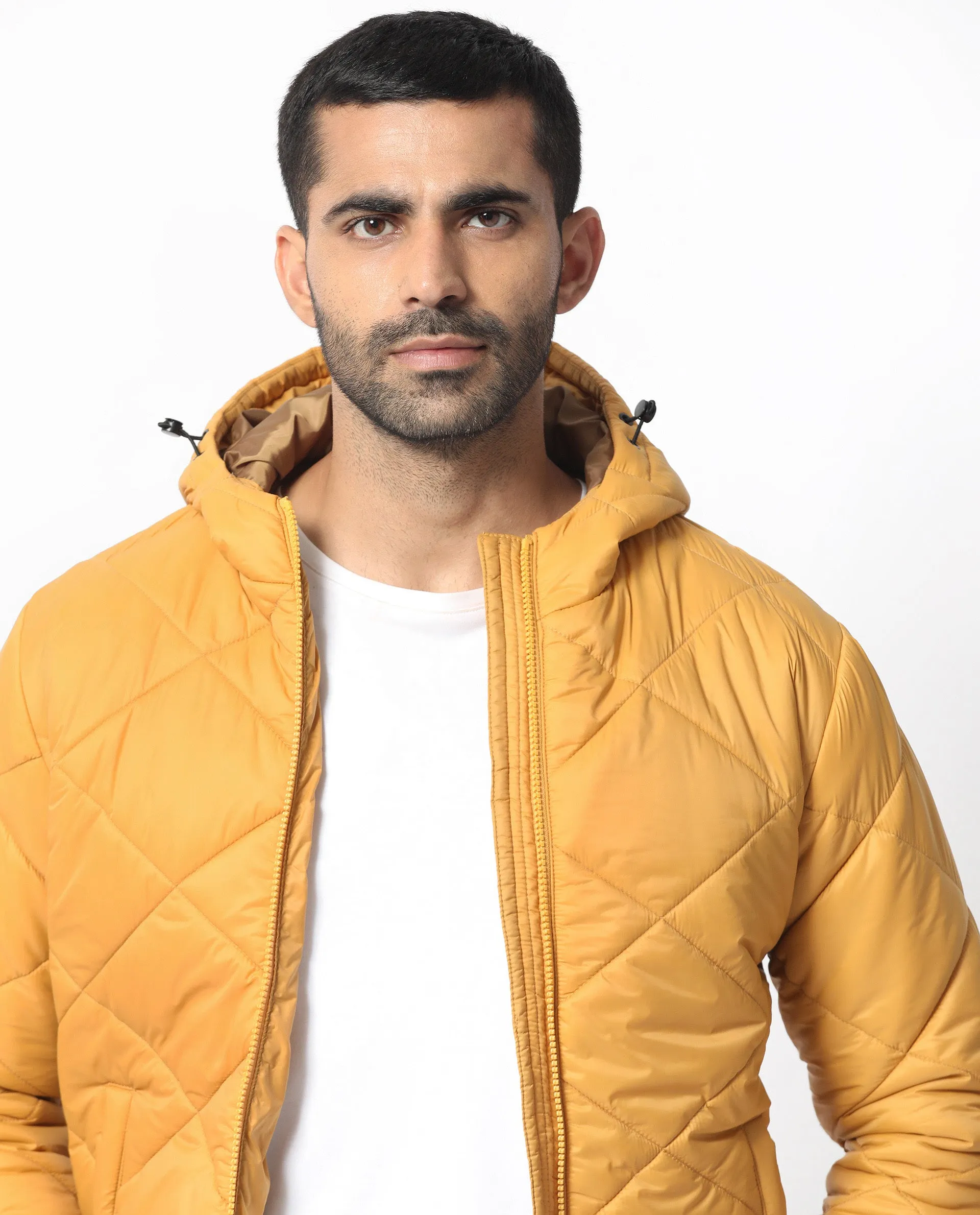 Rare Rabbit Men's Parco Yellow Diamond Quilted Hooded Puffer Jacket