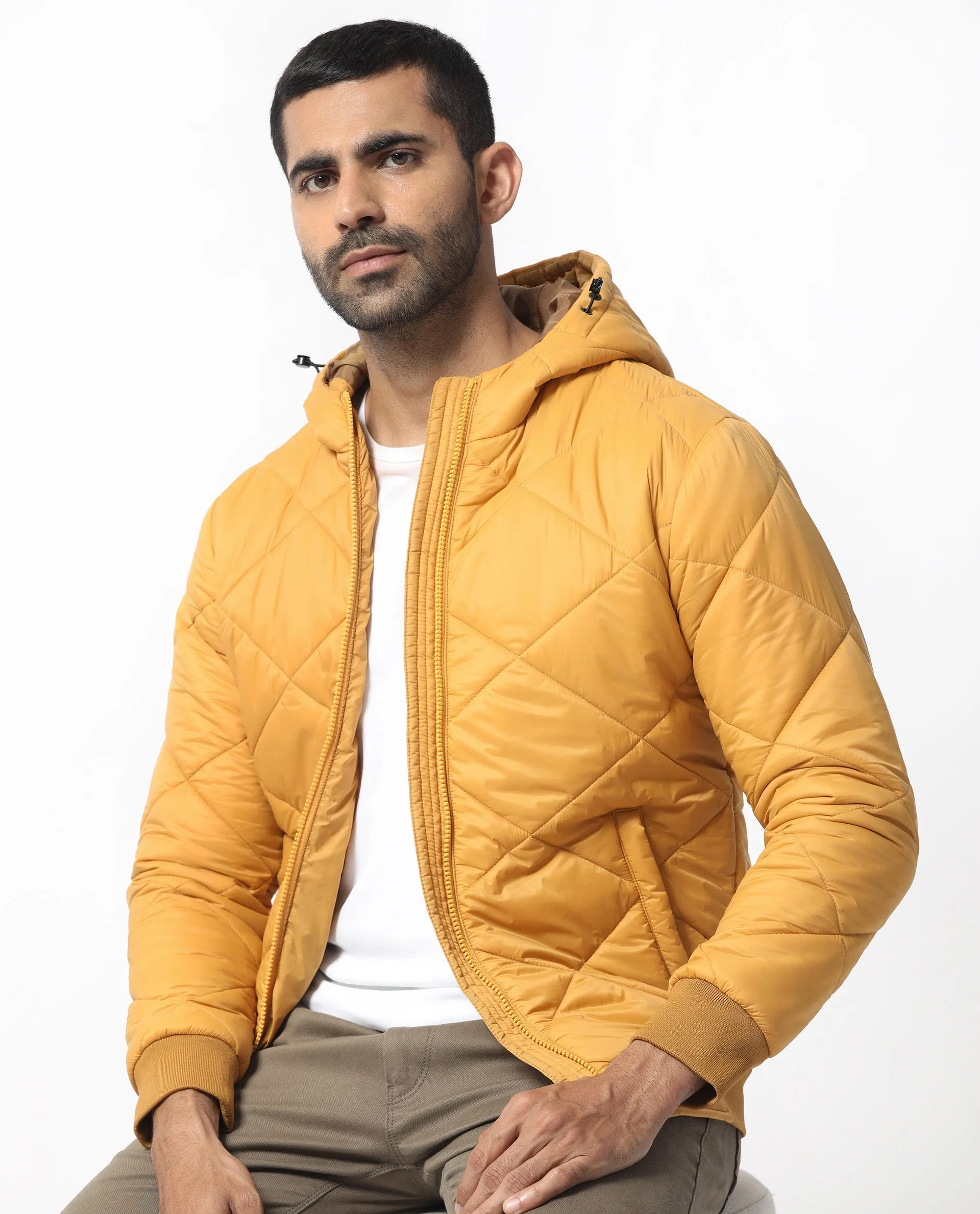 Rare Rabbit Men's Parco Yellow Diamond Quilted Hooded Puffer Jacket