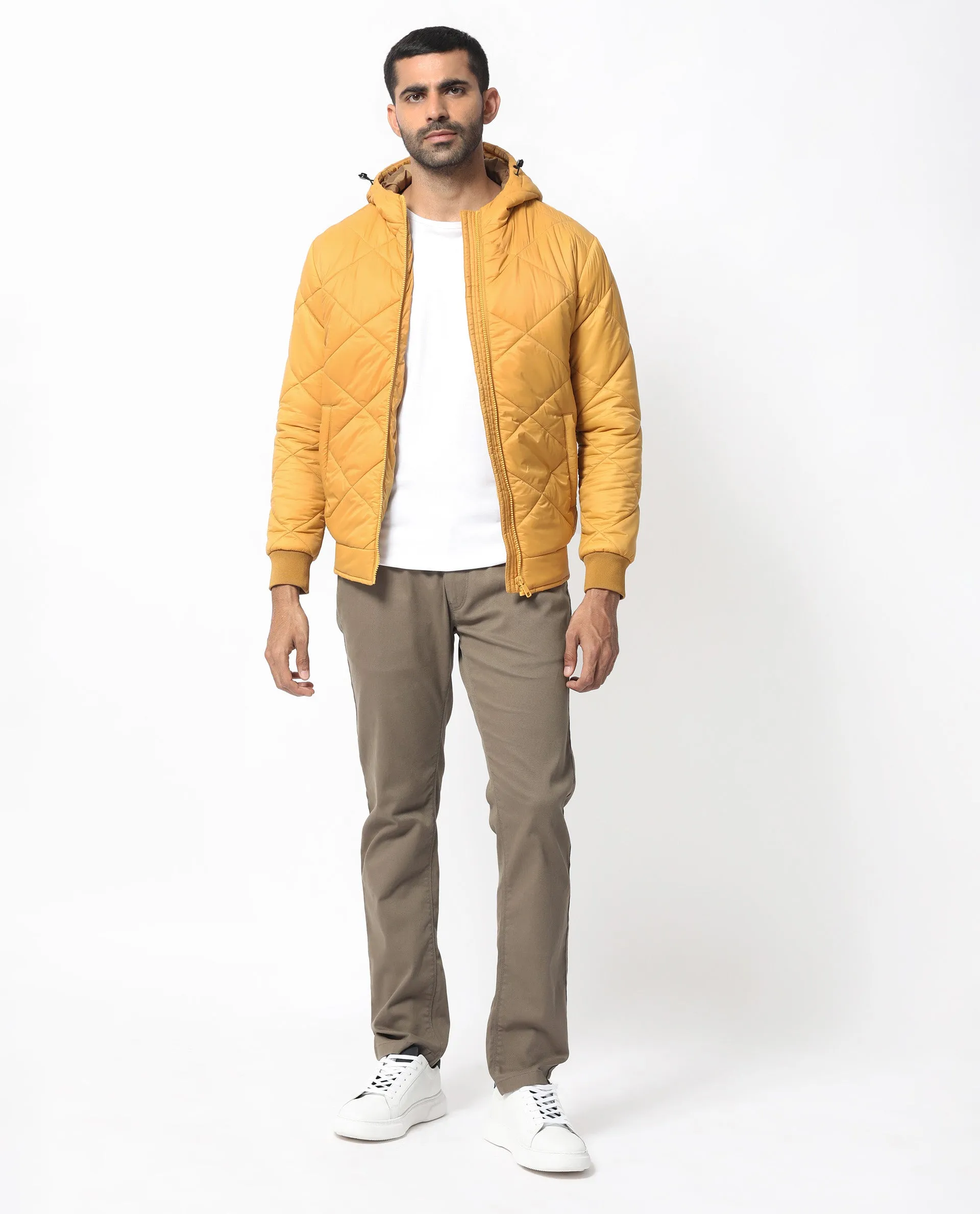 Rare Rabbit Men's Parco Yellow Diamond Quilted Hooded Puffer Jacket