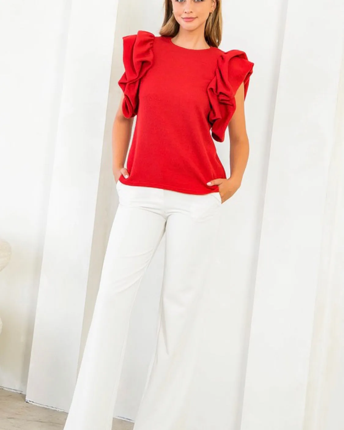 Red Puff Sleeve Knit Top