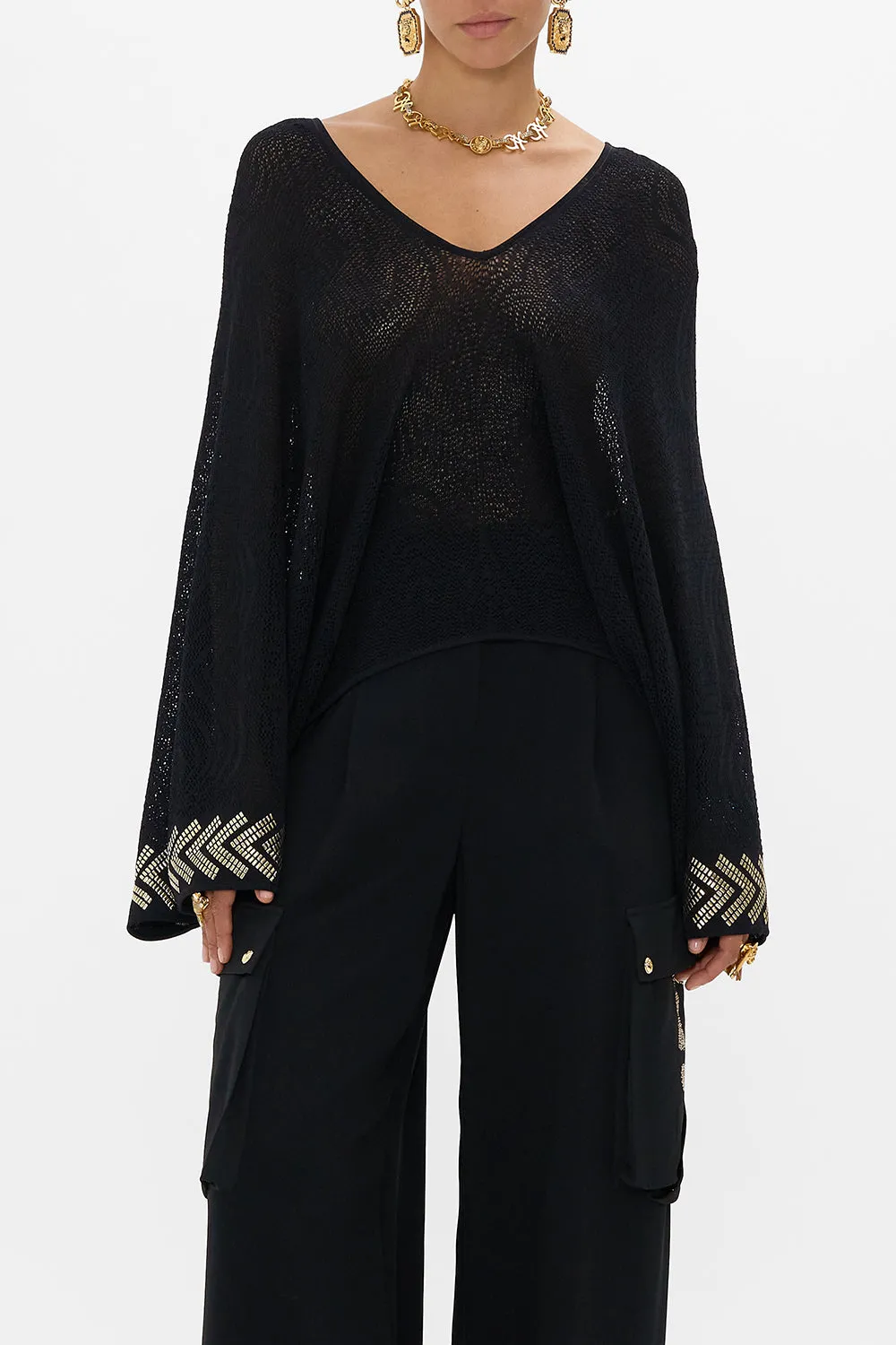 RELAXED V NECK KNIT POINTELLE TOP CAT WORSHIP