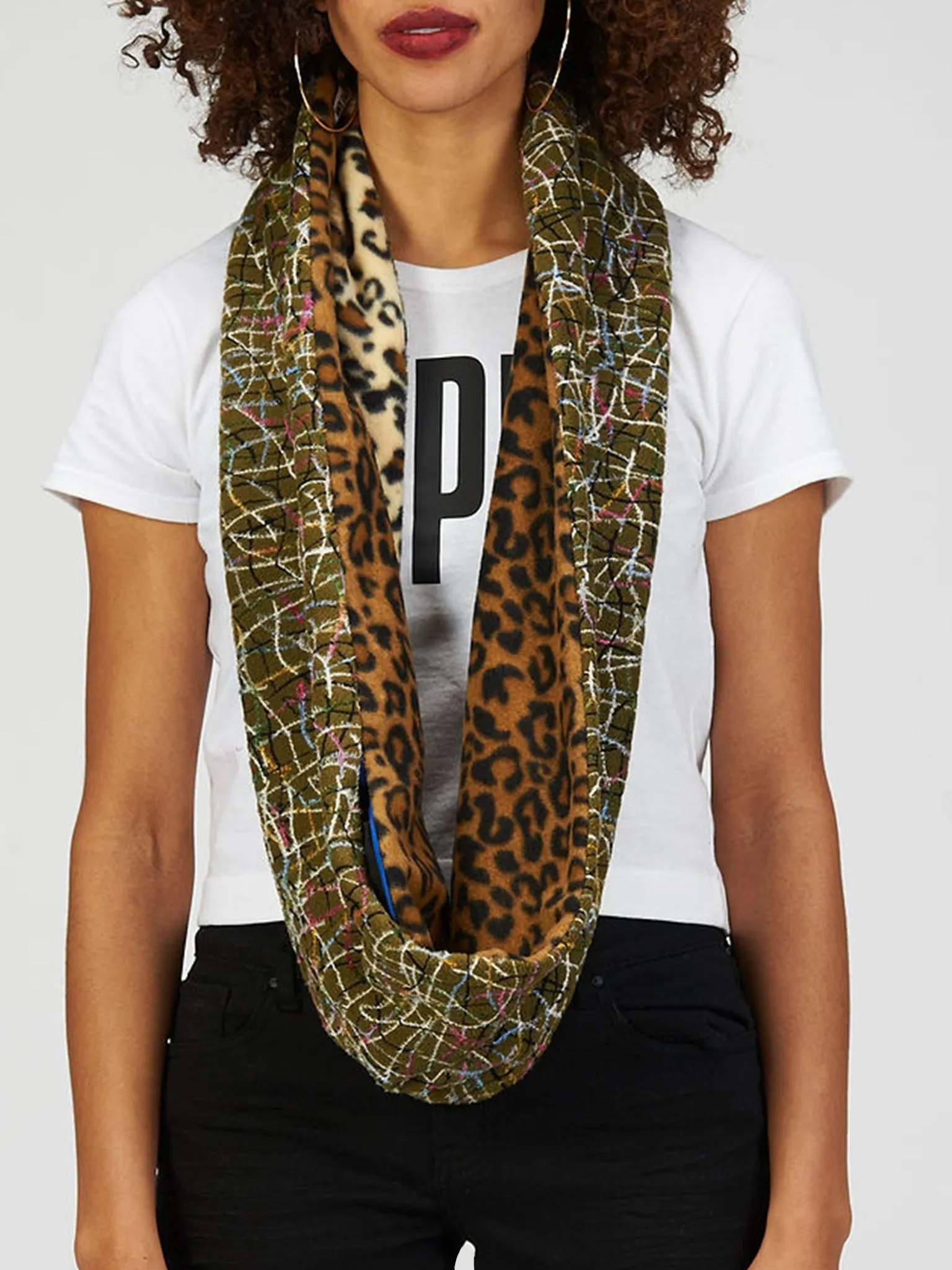 Reversible Pocket Infinity Scarf in Green and Leopard Fleece