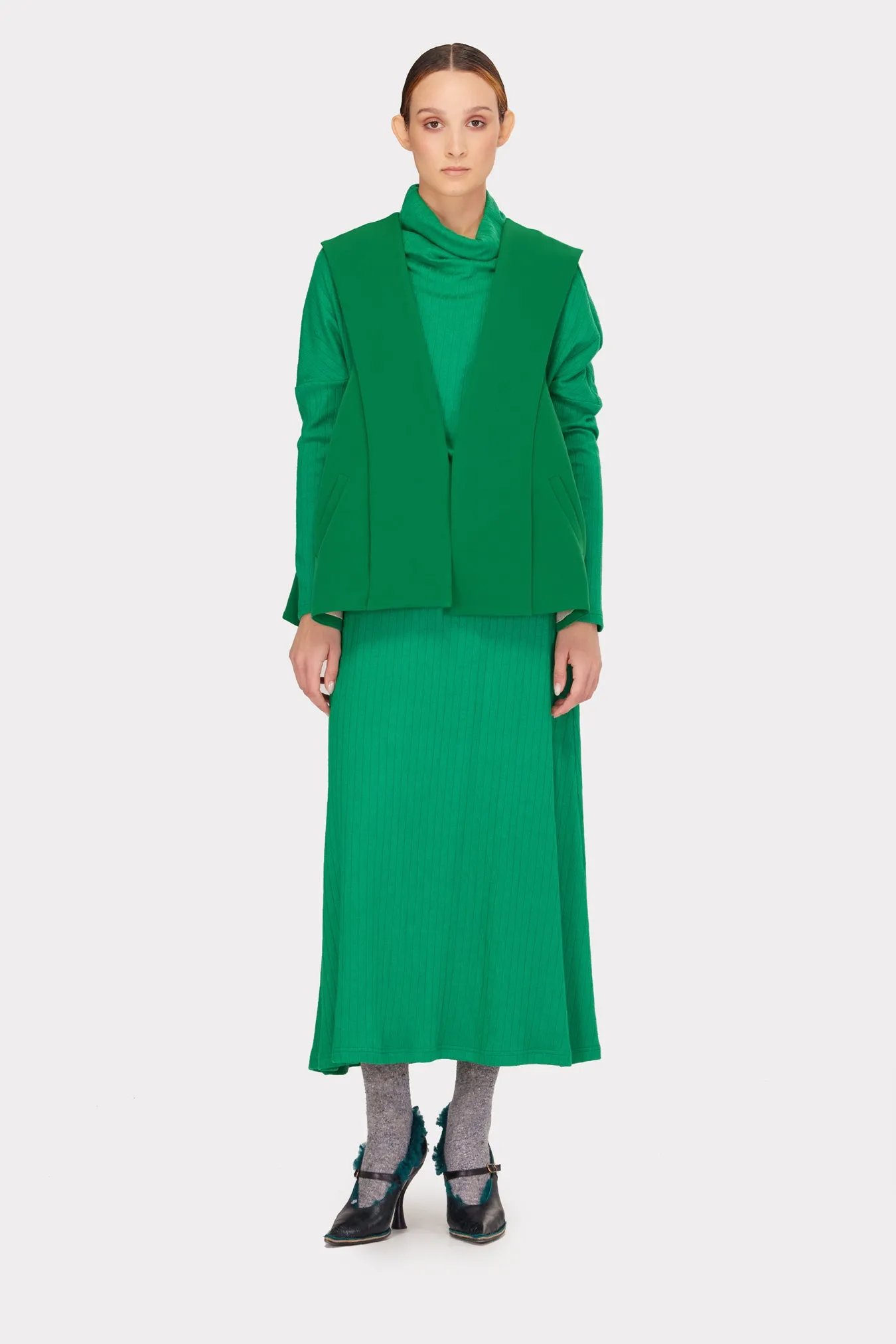 Rib Knit Suit Asymmetric Blouse & Basic Skirt Bright Green
