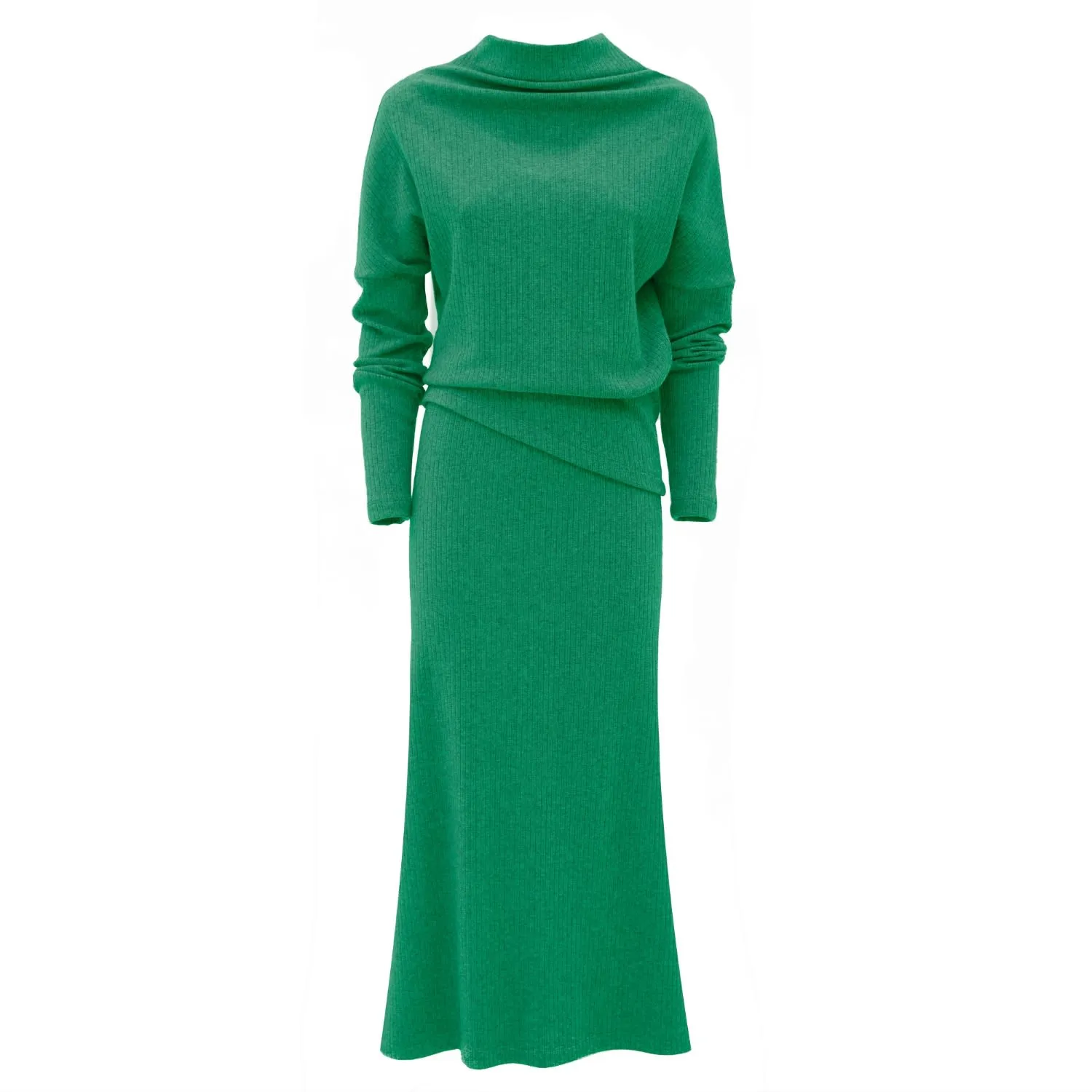 Rib Knit Suit Asymmetric Blouse & Basic Skirt Bright Green
