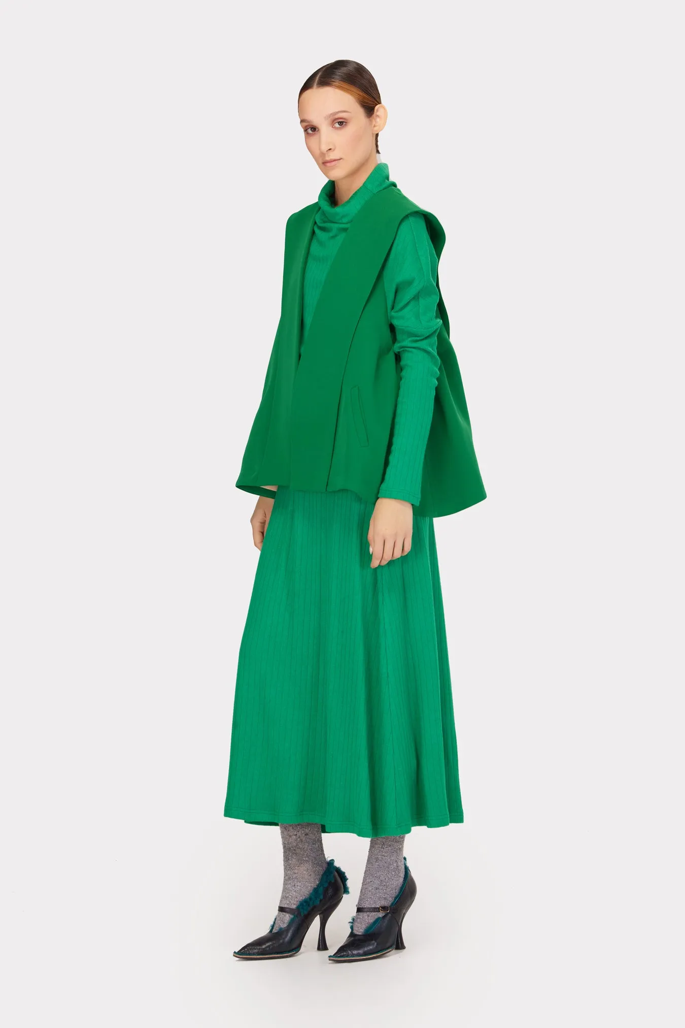 Rib Knit Suit Asymmetric Blouse & Basic Skirt Bright Green