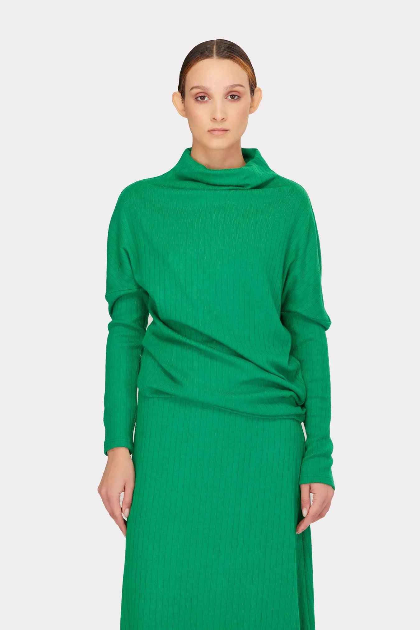 Rib Knit Suit Asymmetric Blouse & Basic Skirt Bright Green