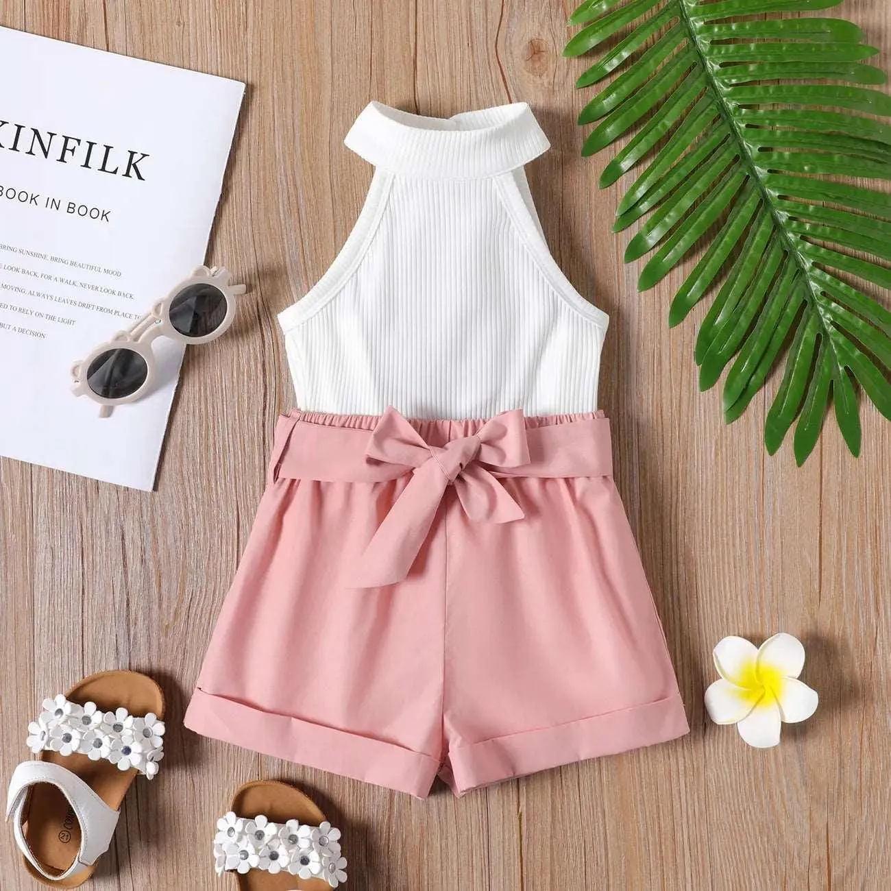 Ribbed Halter Tank Top and Belted Shorts Set - Toddler Girl (2Pcs)