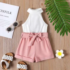 Ribbed Halter Tank Top and Belted Shorts Set - Toddler Girl (2Pcs)
