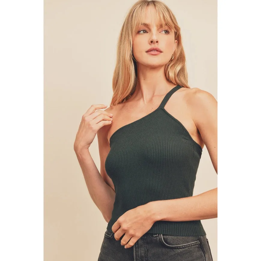 Ribbed Knit One Shoulder Top Teal Green