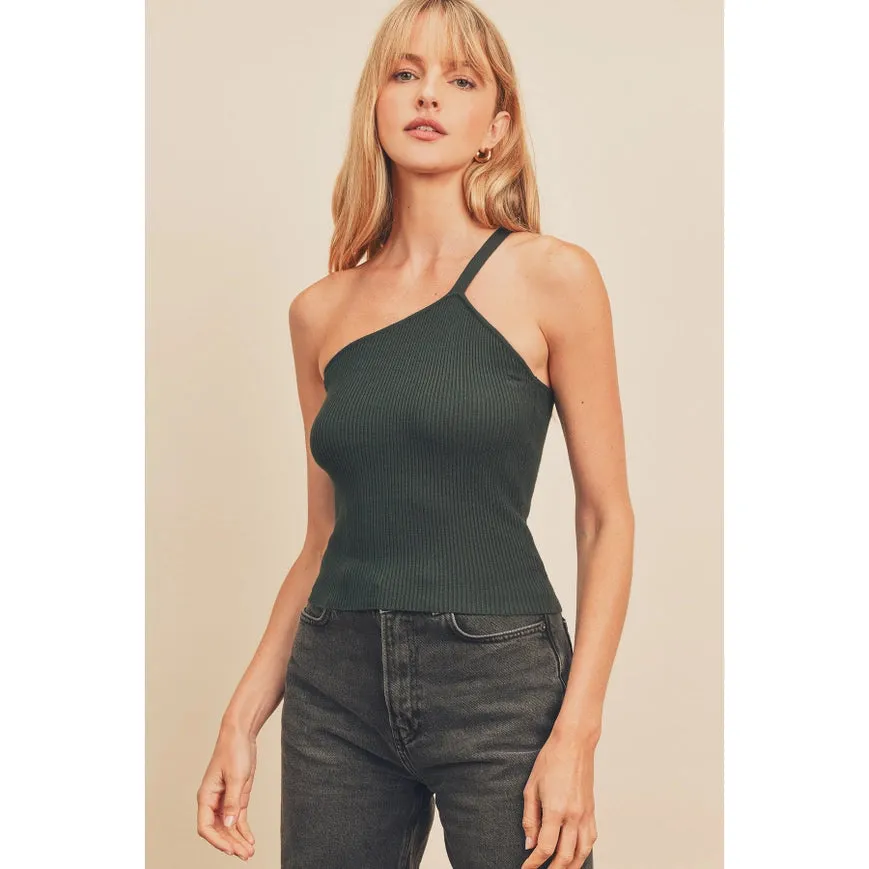Ribbed Knit One Shoulder Top Teal Green