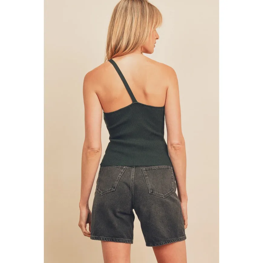 Ribbed Knit One Shoulder Top Teal Green