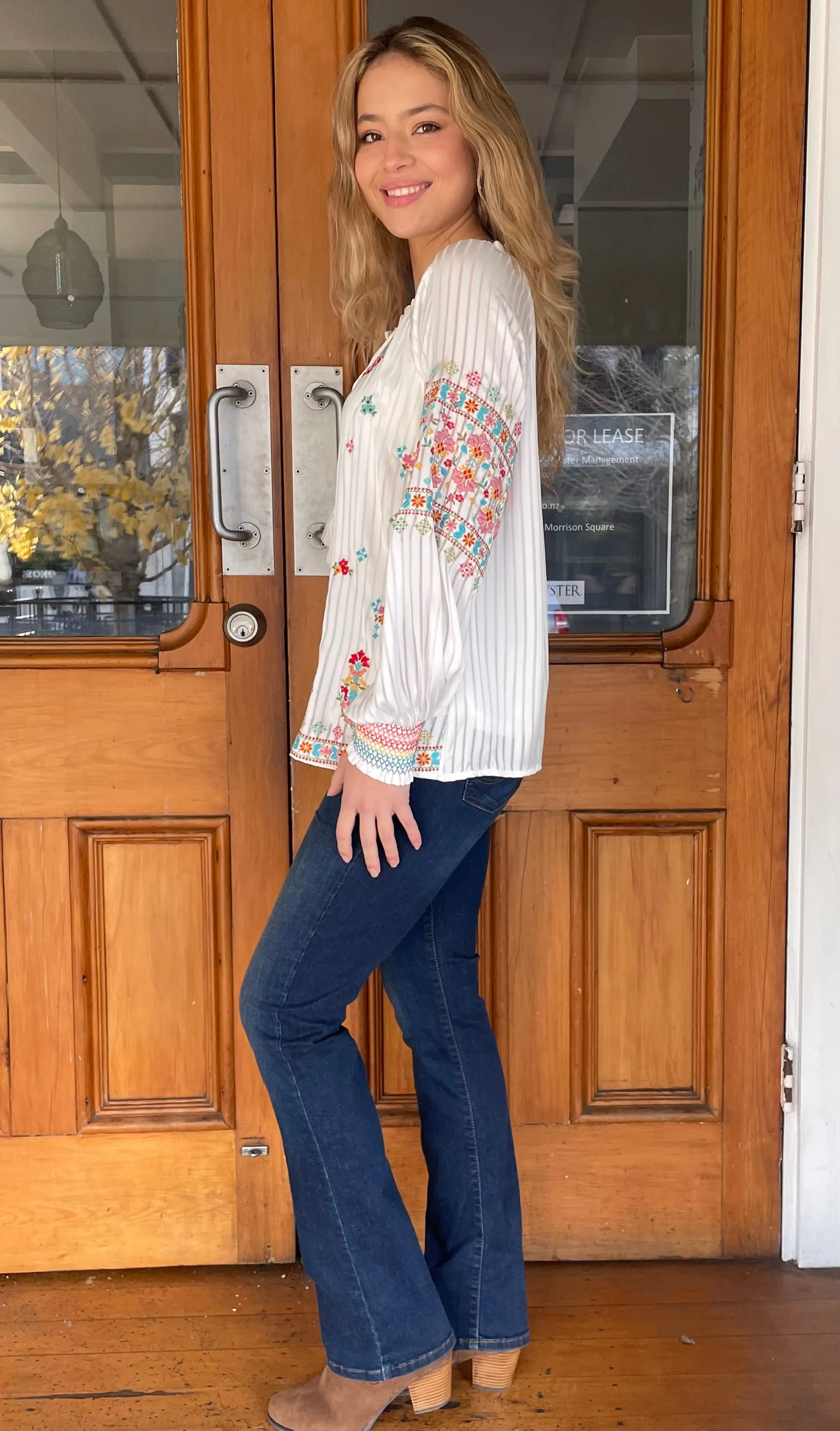 Romeo Embroidered Tie Front Top Ivory