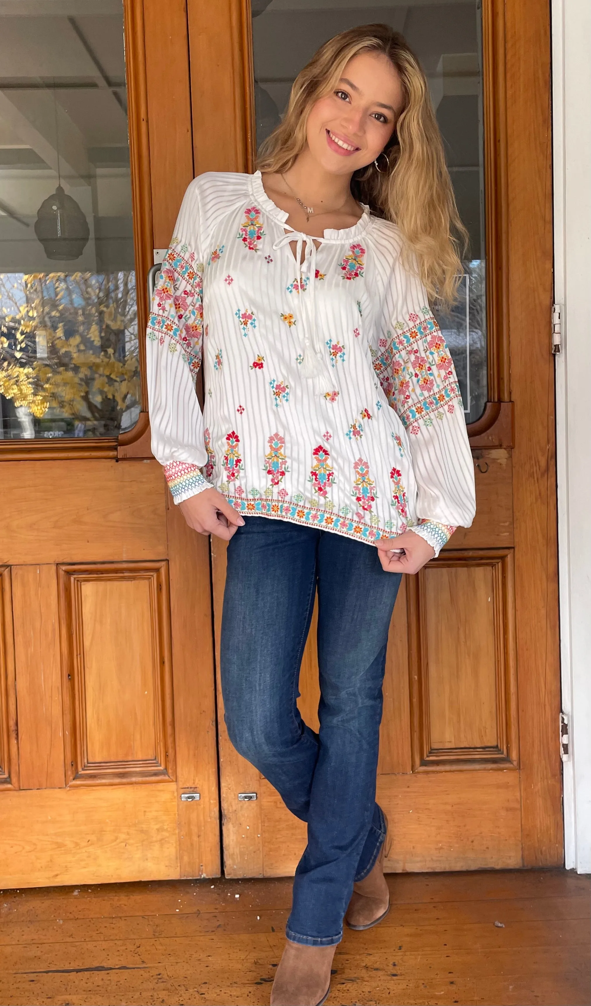 Romeo Embroidered Tie Front Top Ivory