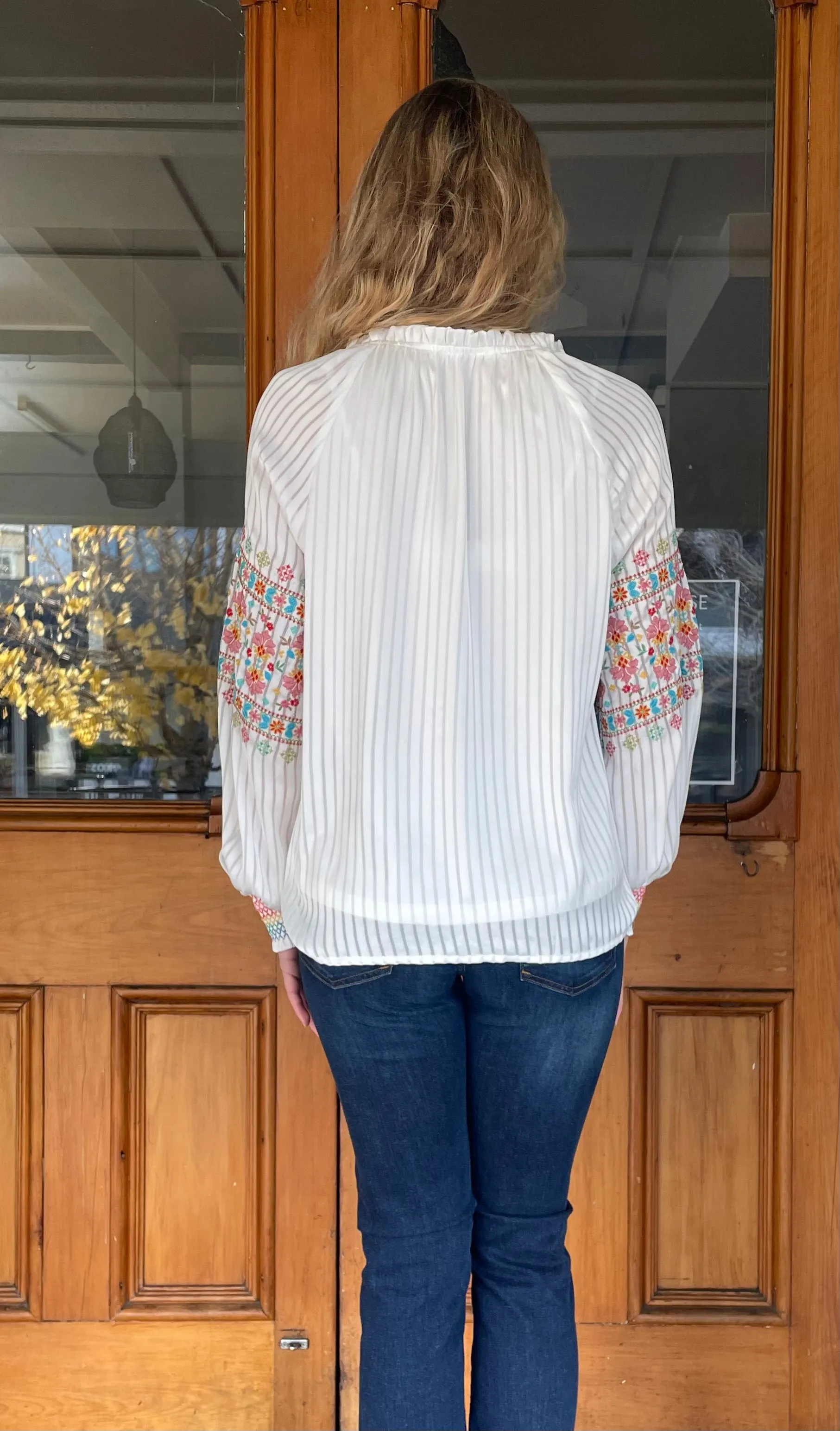 Romeo Embroidered Tie Front Top Ivory