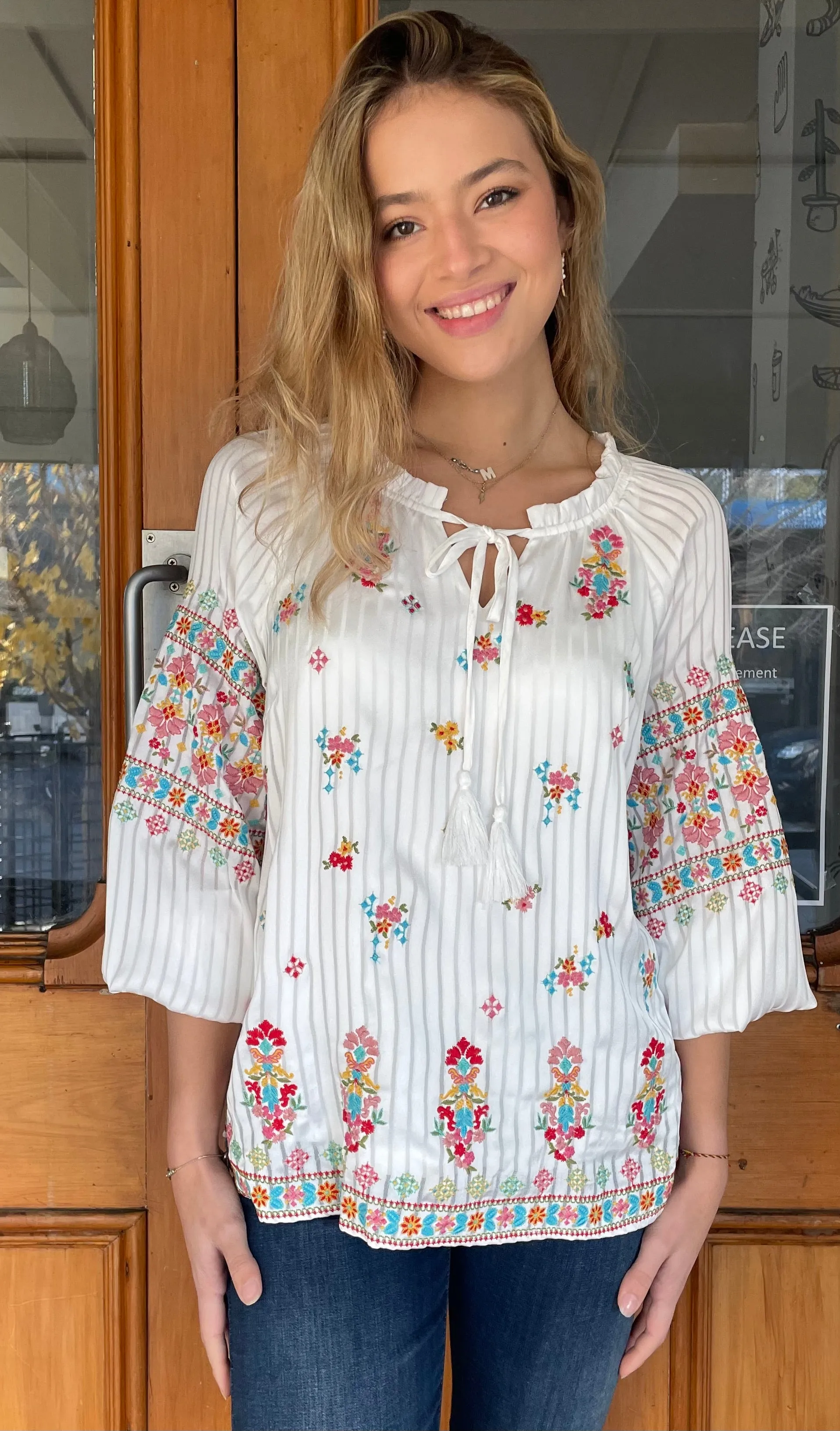 Romeo Embroidered Tie Front Top Ivory