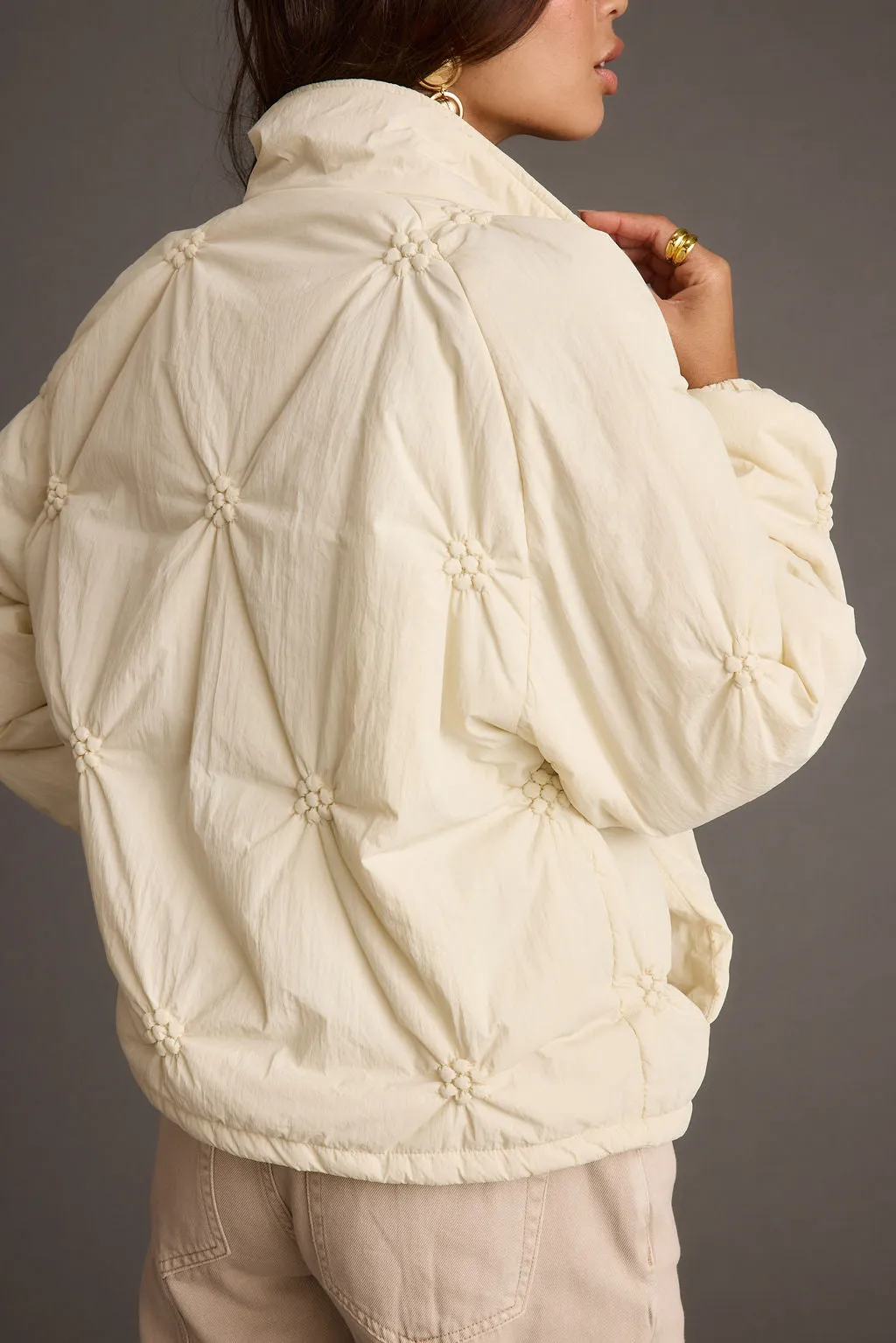 Rosey Cream Zip Front Puffer Coat