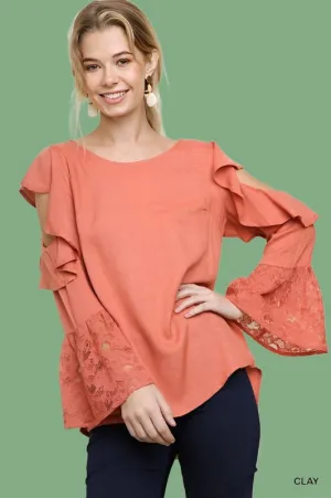 Ruffle Cold Shoulder Blouse - Clay