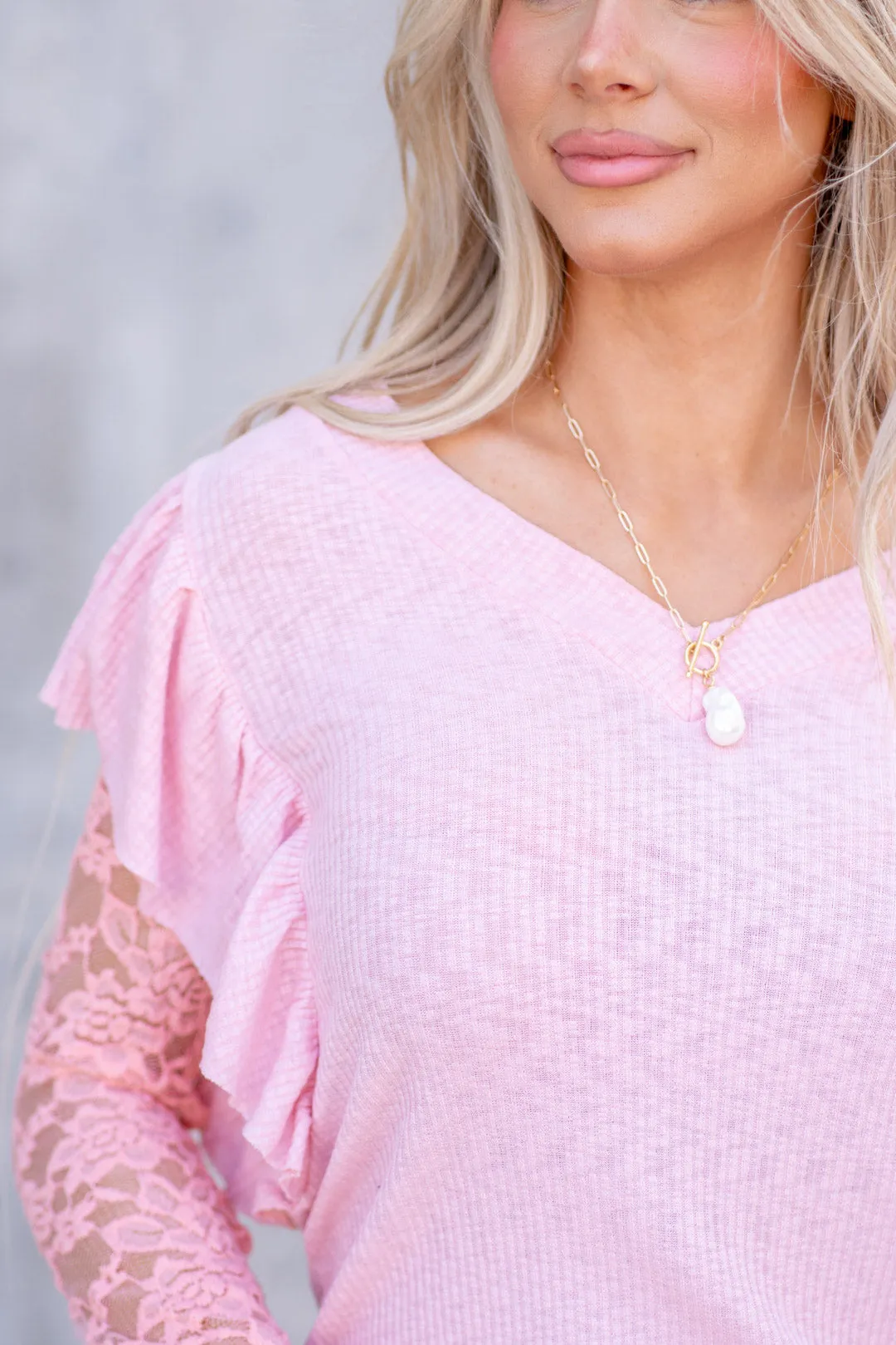 Ruffled Lace Sleeve Rib Knit Top