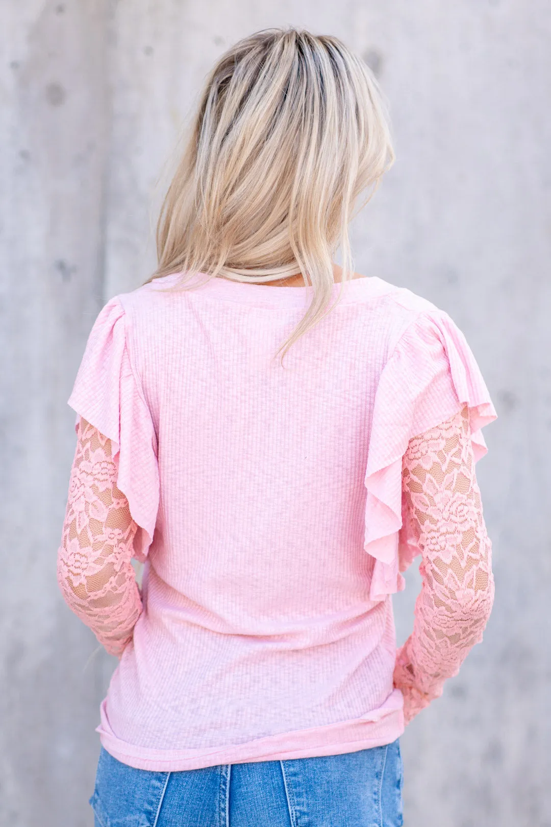 Ruffled Lace Sleeve Rib Knit Top