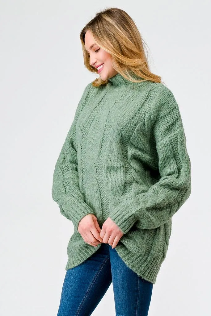 Sage Cable Knit Turtle Neck Long Sleeve Sweater /2-2-2