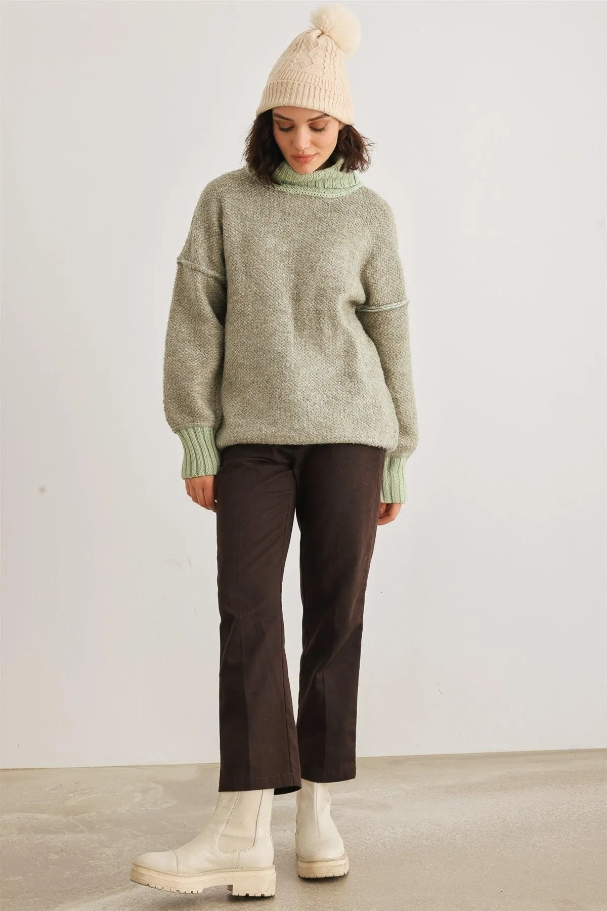 Sage Knit Turtle Neck Long Sleeve Sweater /2-2-2