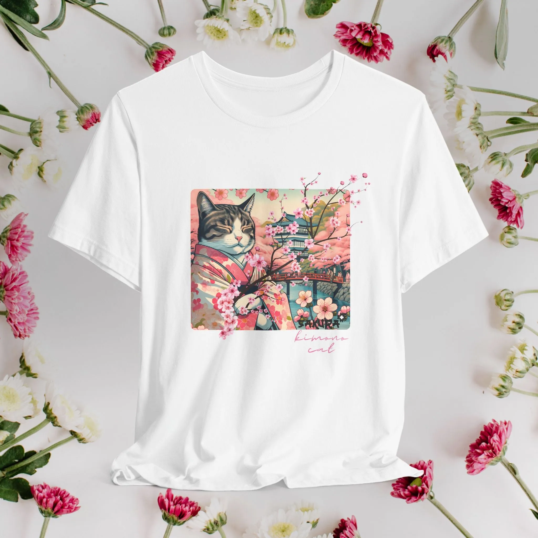 Sakura Kimono Cat Tee, Japanese Flower Boho T-Shirt