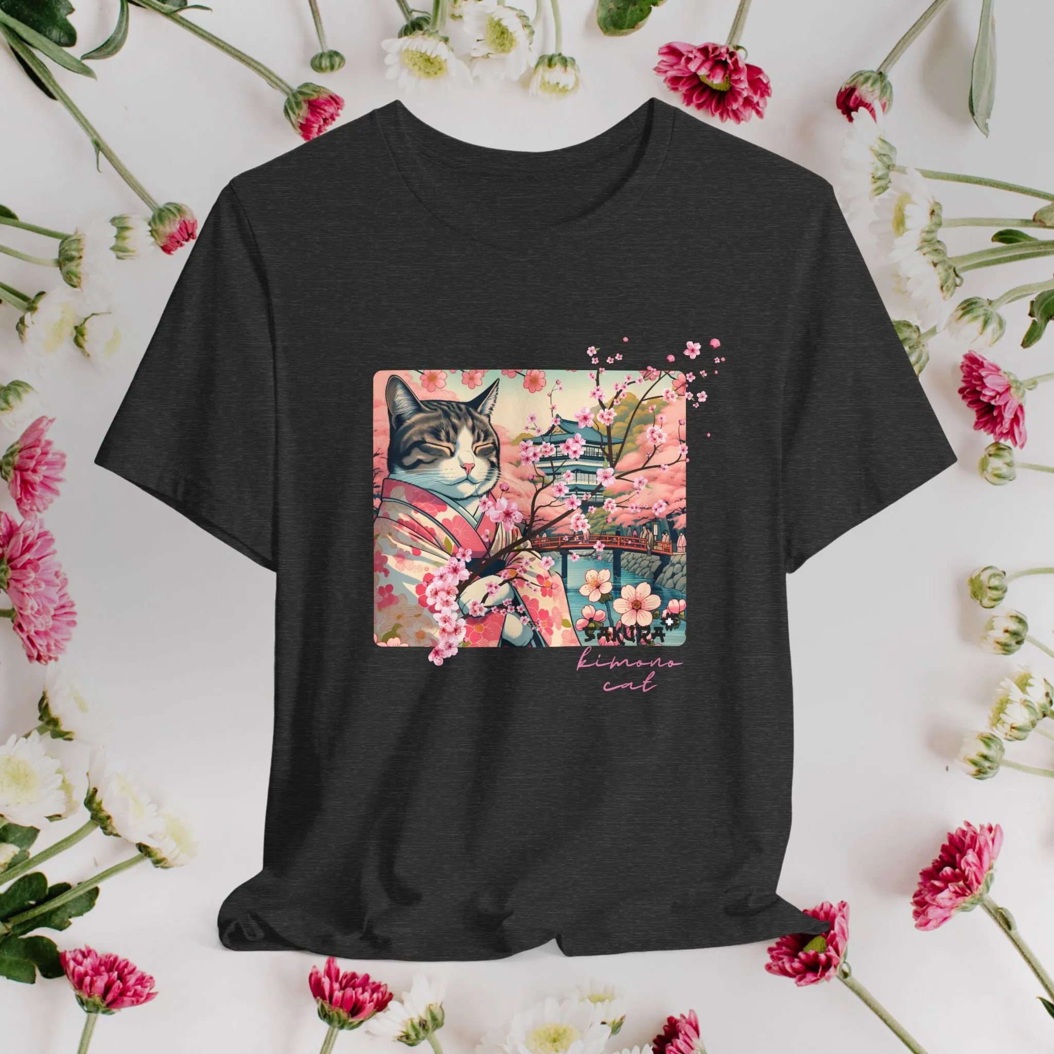 Sakura Kimono Cat Tee, Japanese Flower Boho T-Shirt