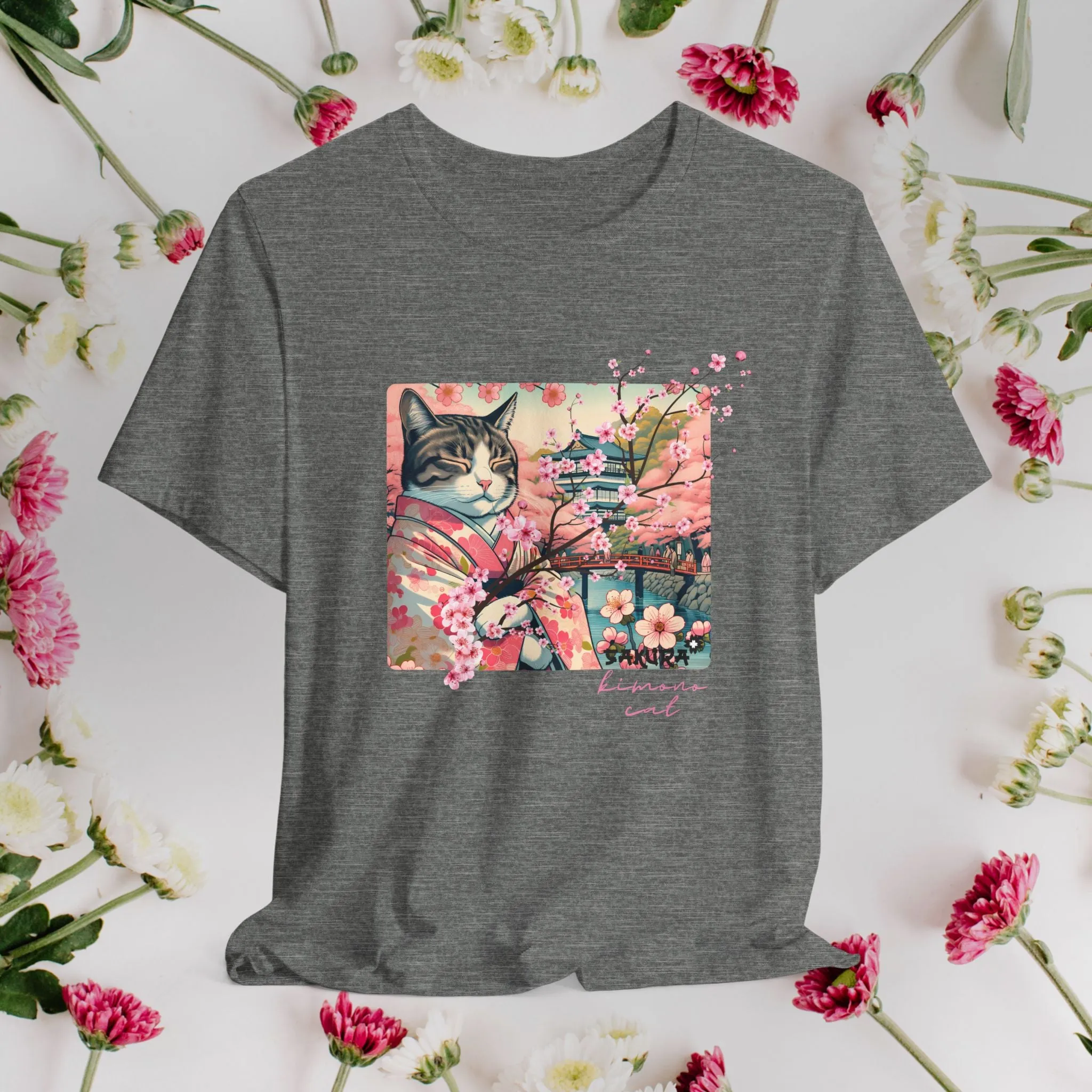Sakura Kimono Cat Tee, Japanese Flower Boho T-Shirt