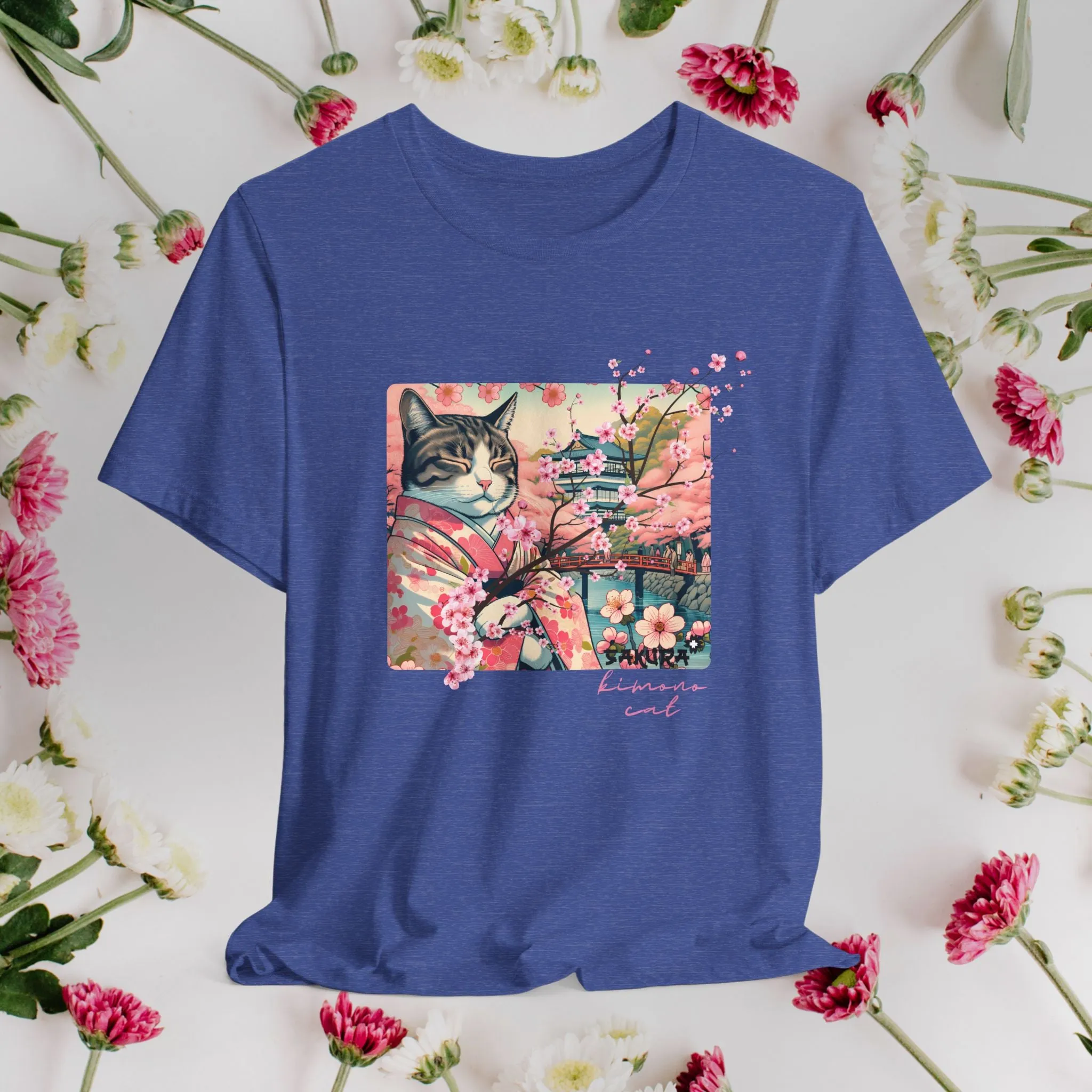 Sakura Kimono Cat Tee, Japanese Flower Boho T-Shirt