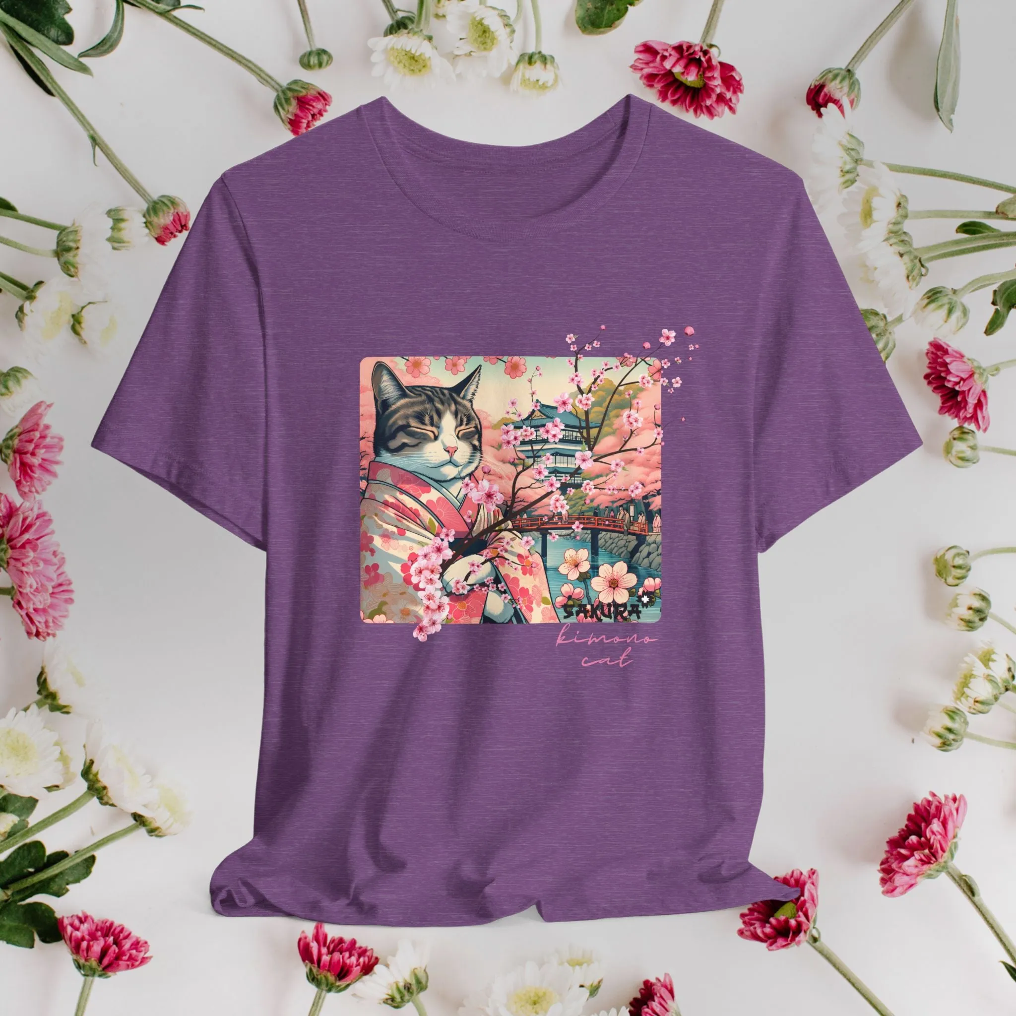 Sakura Kimono Cat Tee, Japanese Flower Boho T-Shirt