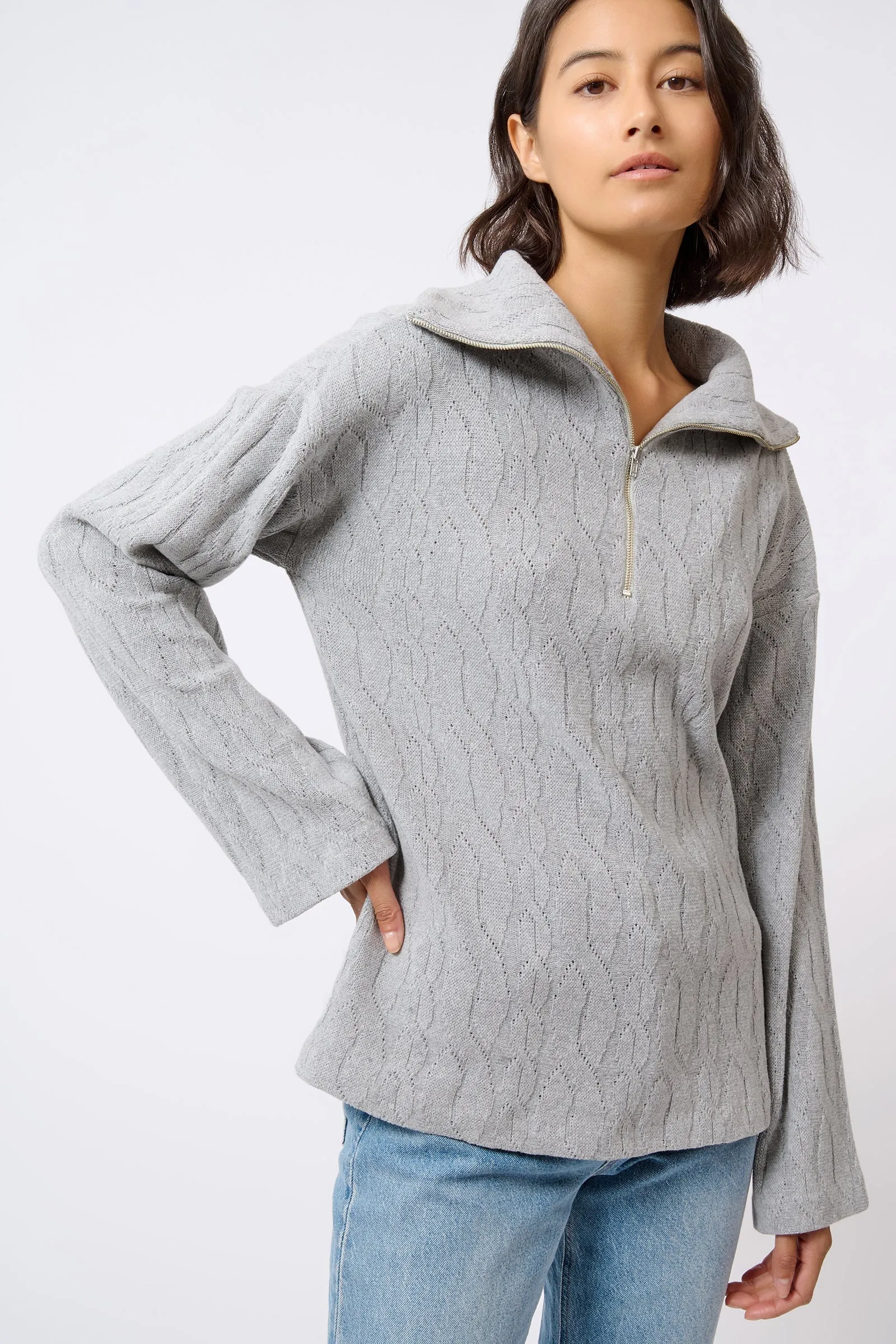 Sandra Collared Zip Pullover - Cable Knit