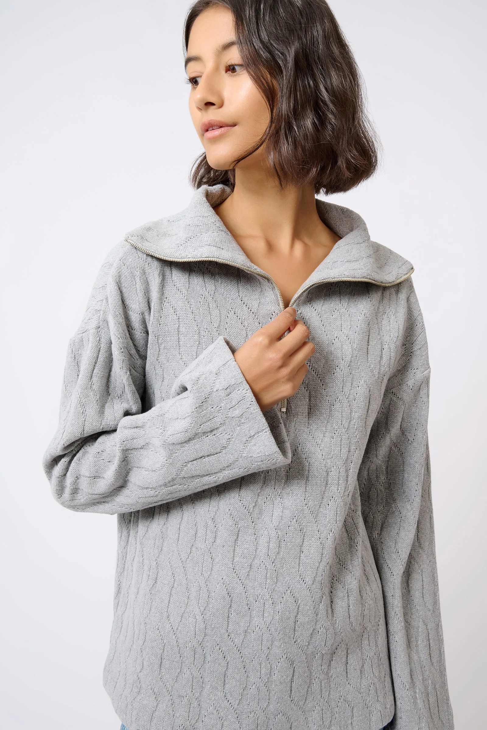 Sandra Collared Zip Pullover - Cable Knit