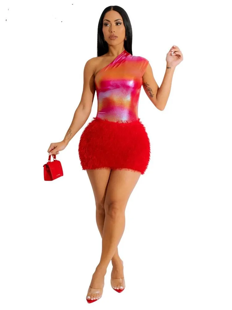 Sexy  Women One Shoulder Mini DressesLeather  PARTY DRESS