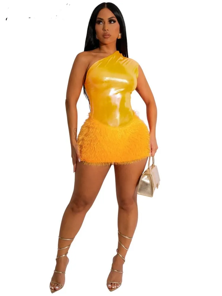 Sexy  Women One Shoulder Mini DressesLeather  PARTY DRESS