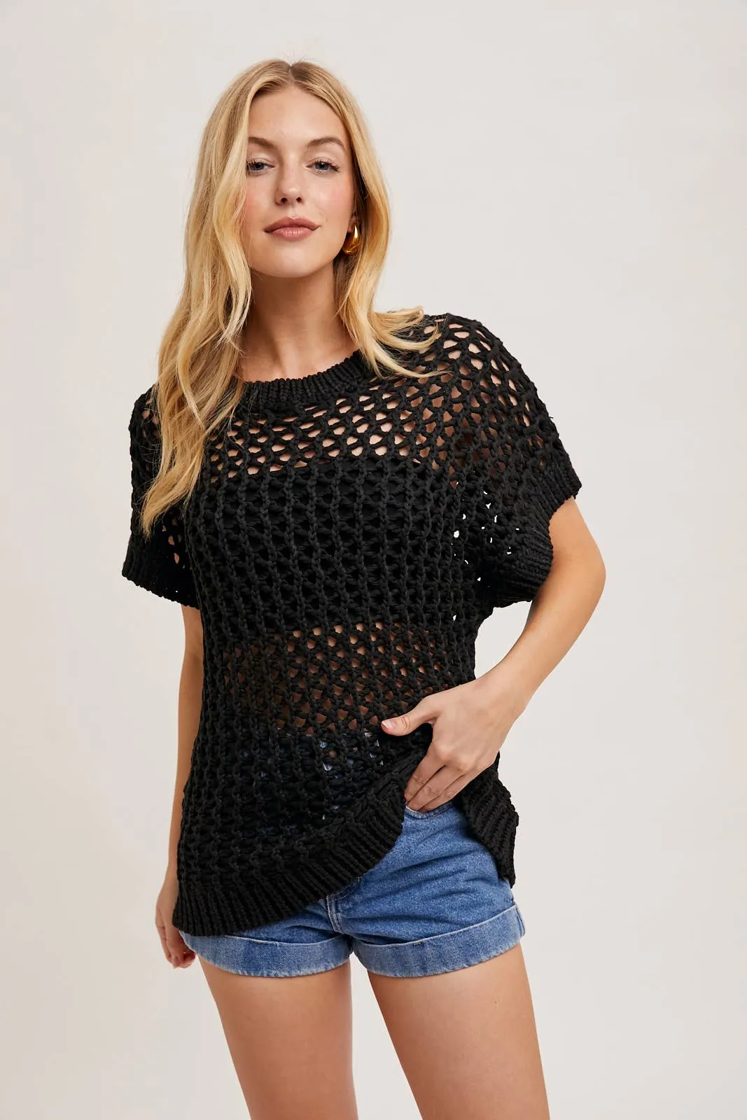 SHEER FISHNET KNIT PULLOVER TOP