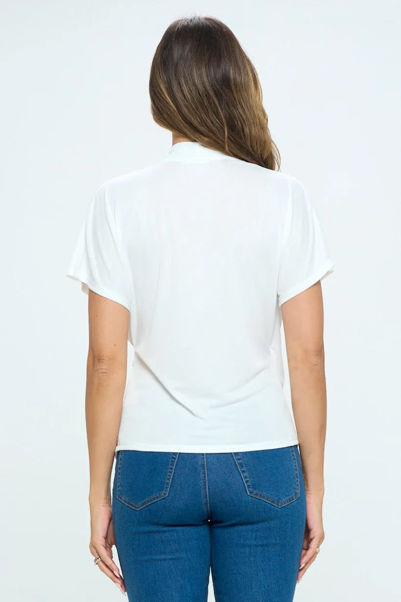 Short Dolman Sleeves Shirring Surplice Knit Top