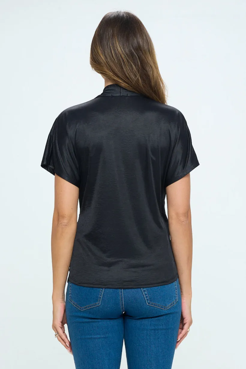 Short Dolman Sleeves Shirring Surplice Knit Top