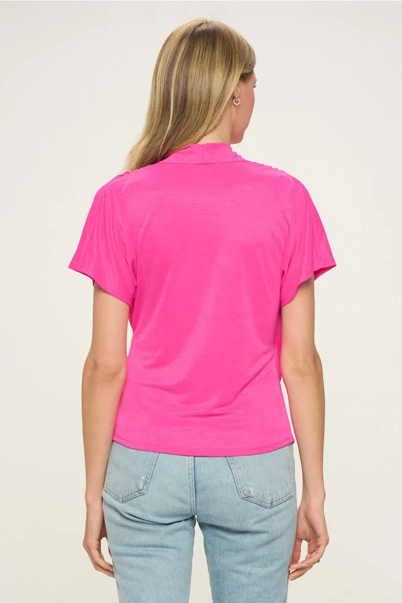 Short Dolman Sleeves Shirring Surplice Knit Top