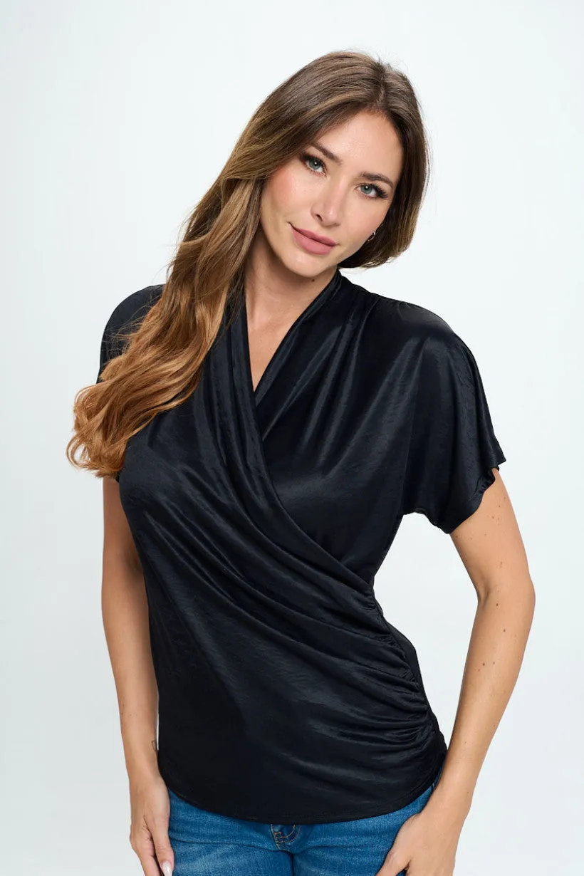 Short Dolman Sleeves Shirring Surplice Knit Top