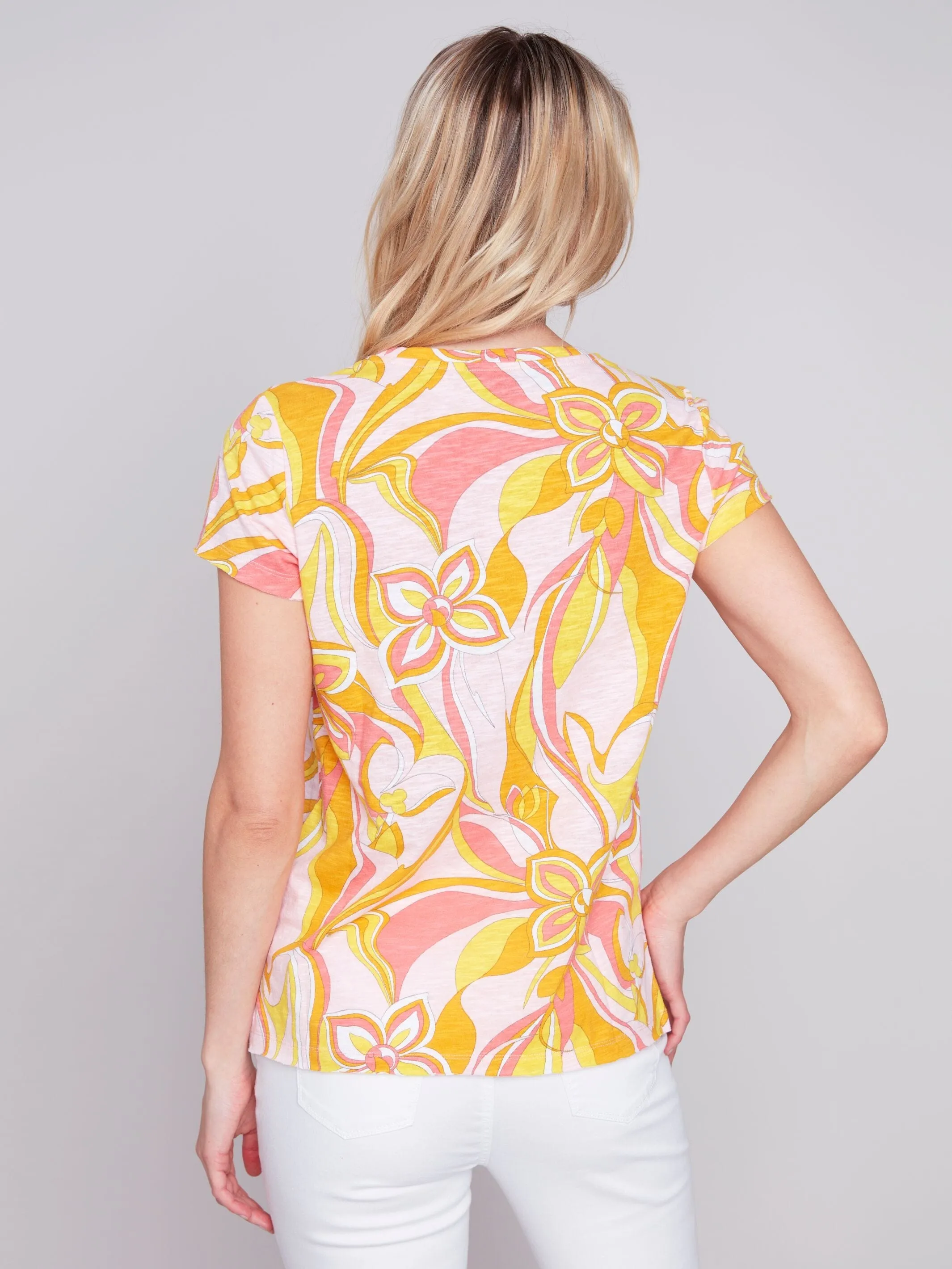 SHORT SLEEVE PRINTED COTTON KNIT TOP