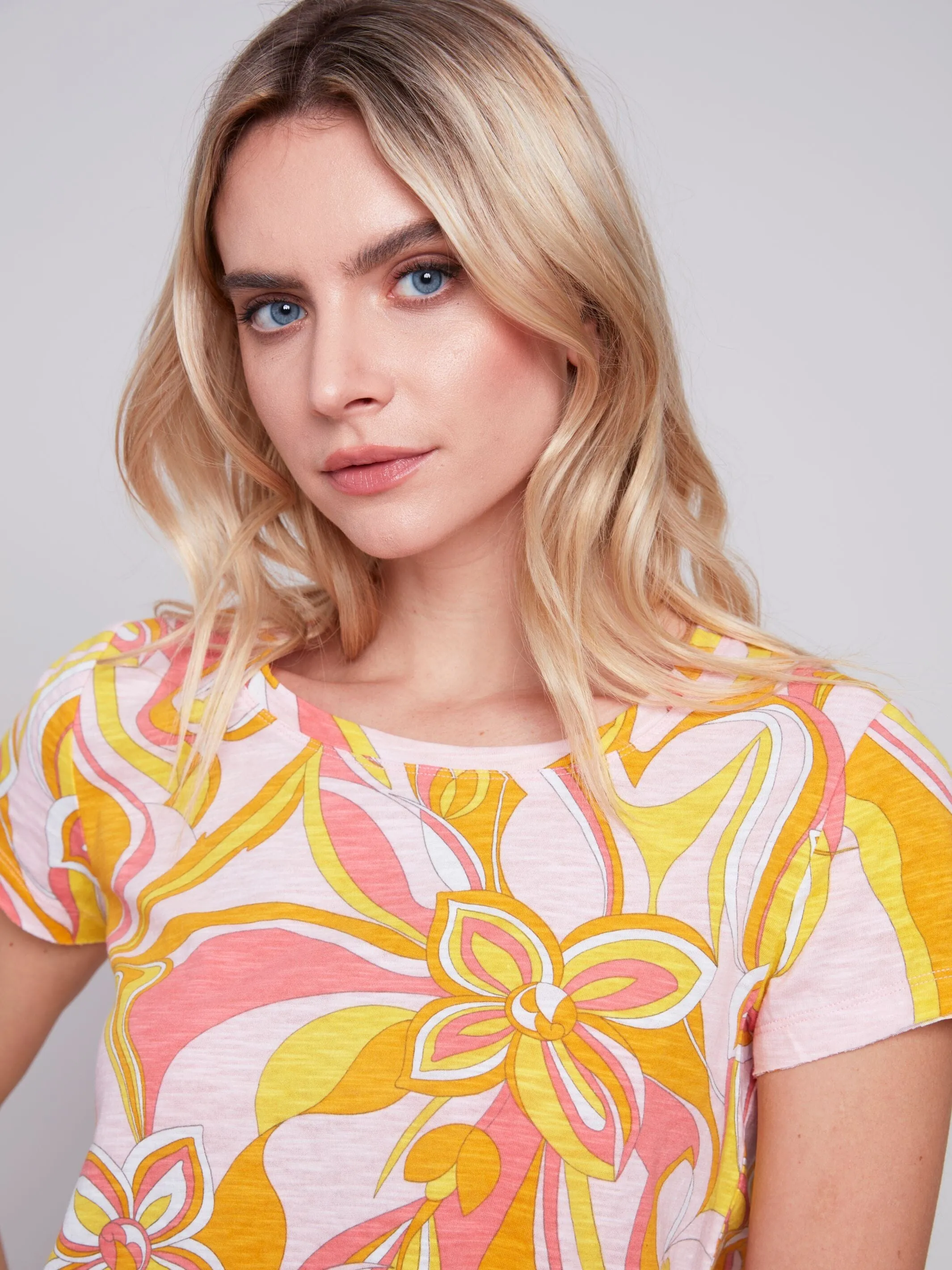 SHORT SLEEVE PRINTED COTTON KNIT TOP