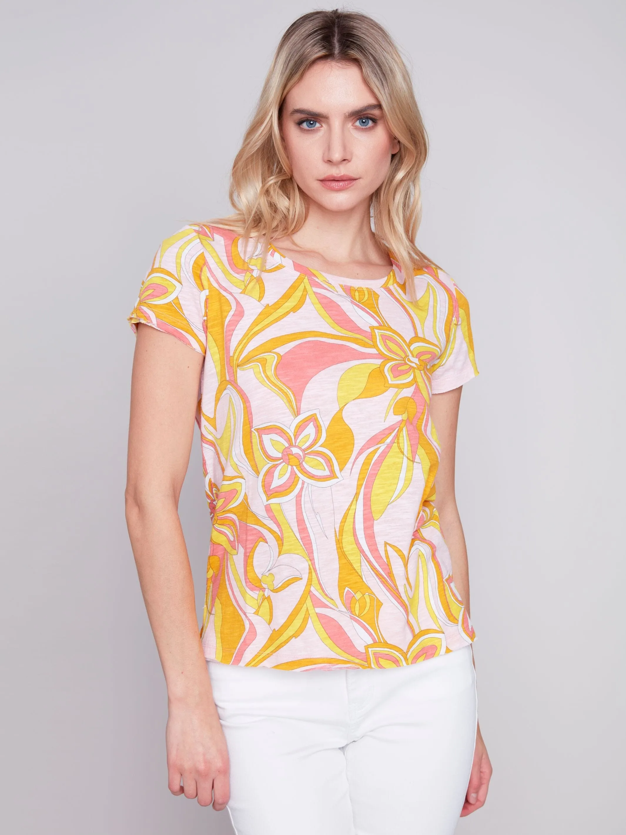 SHORT SLEEVE PRINTED COTTON KNIT TOP