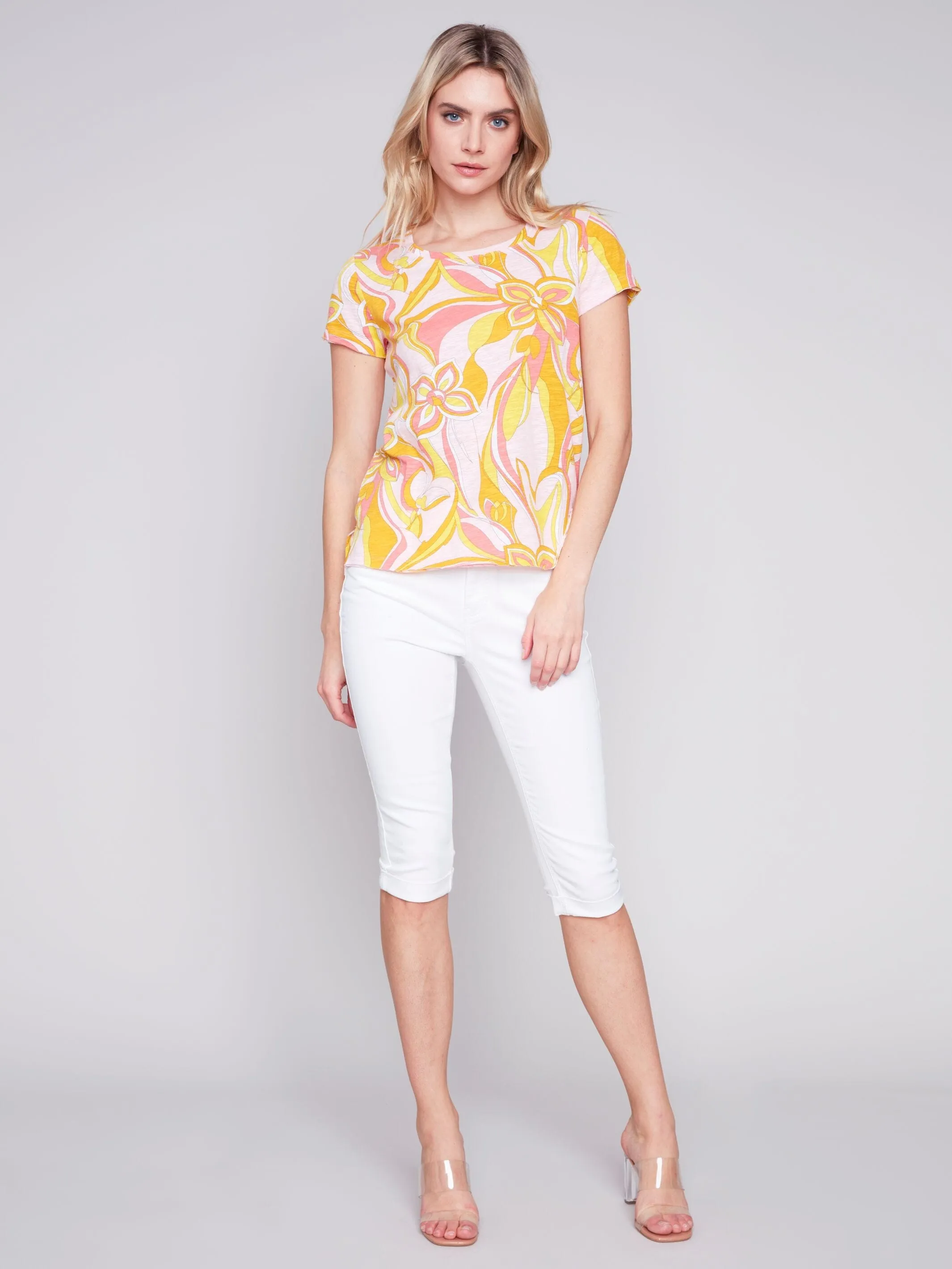 SHORT SLEEVE PRINTED COTTON KNIT TOP