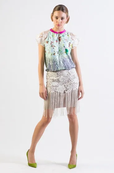 Silk floral print top with lace detail sleeve - SOLD OUT