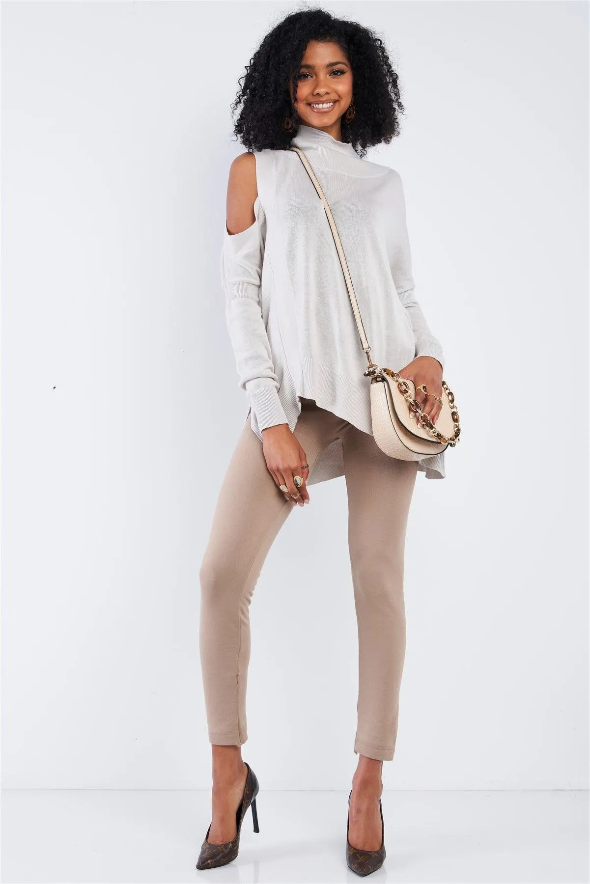 Silver Peek-A-Boo Shoulder Turtle Neck Sweater