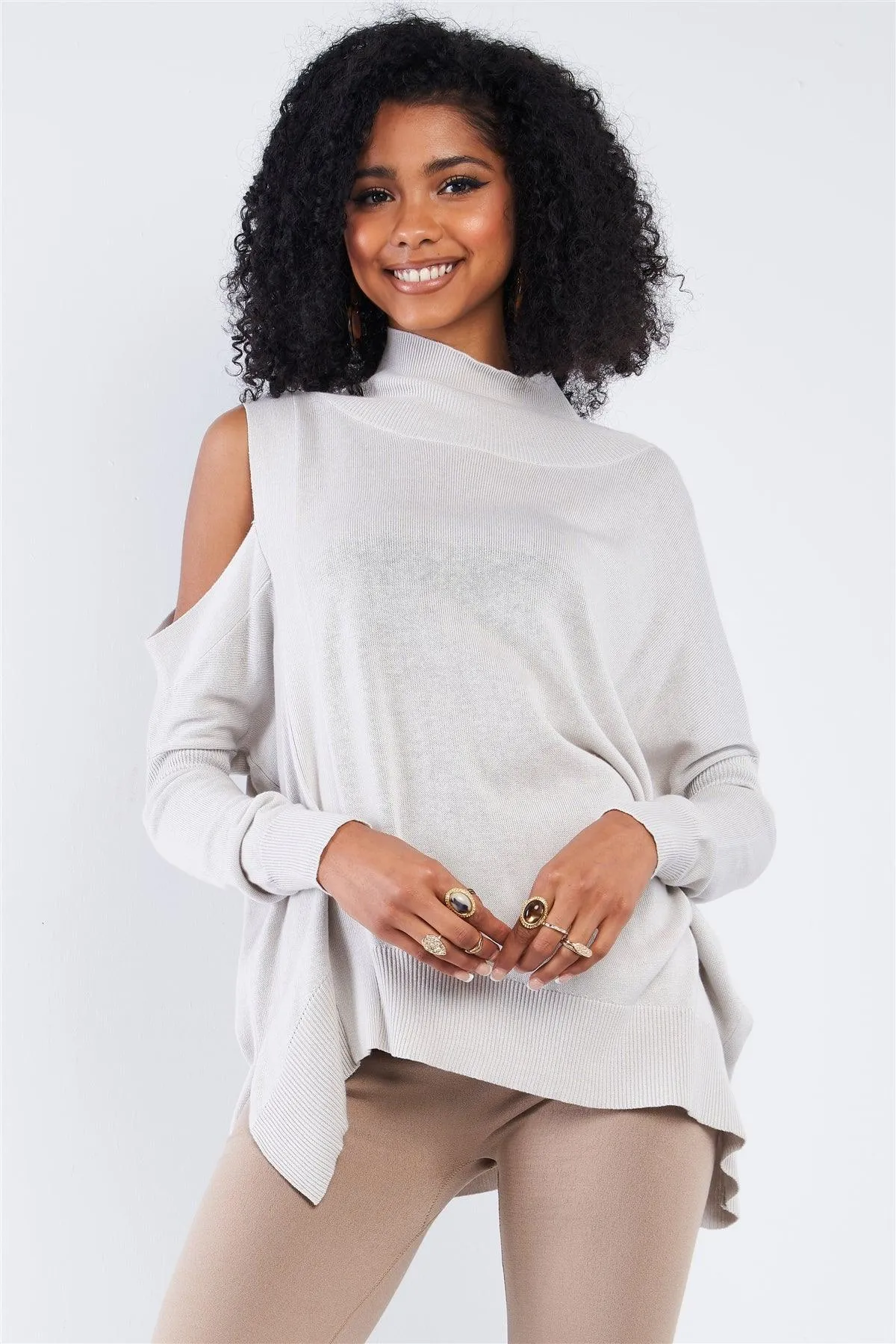 Silver Peek-A-Boo Shoulder Turtle Neck Sweater