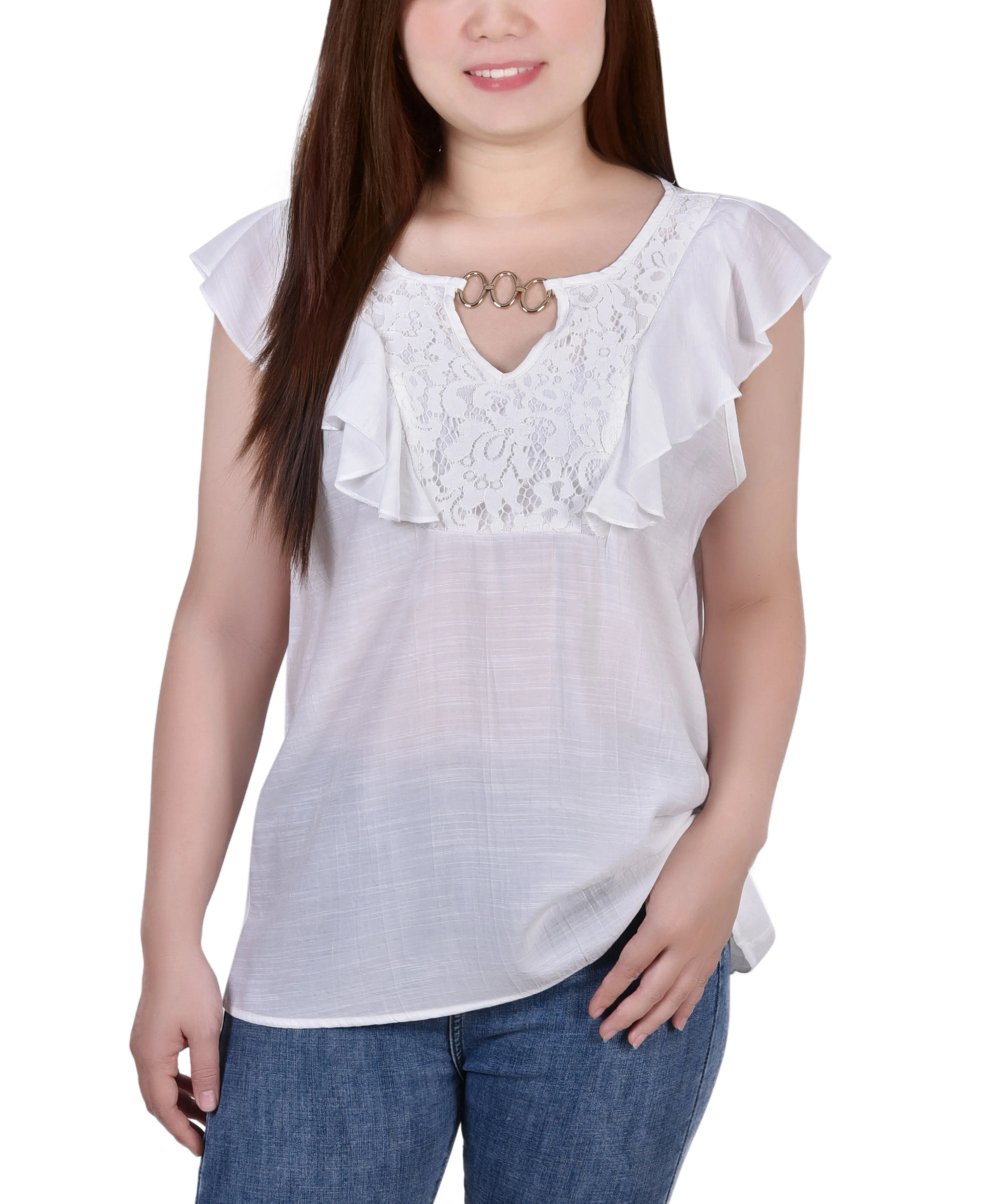 Sleeveless Flutter Yoke Blouse
