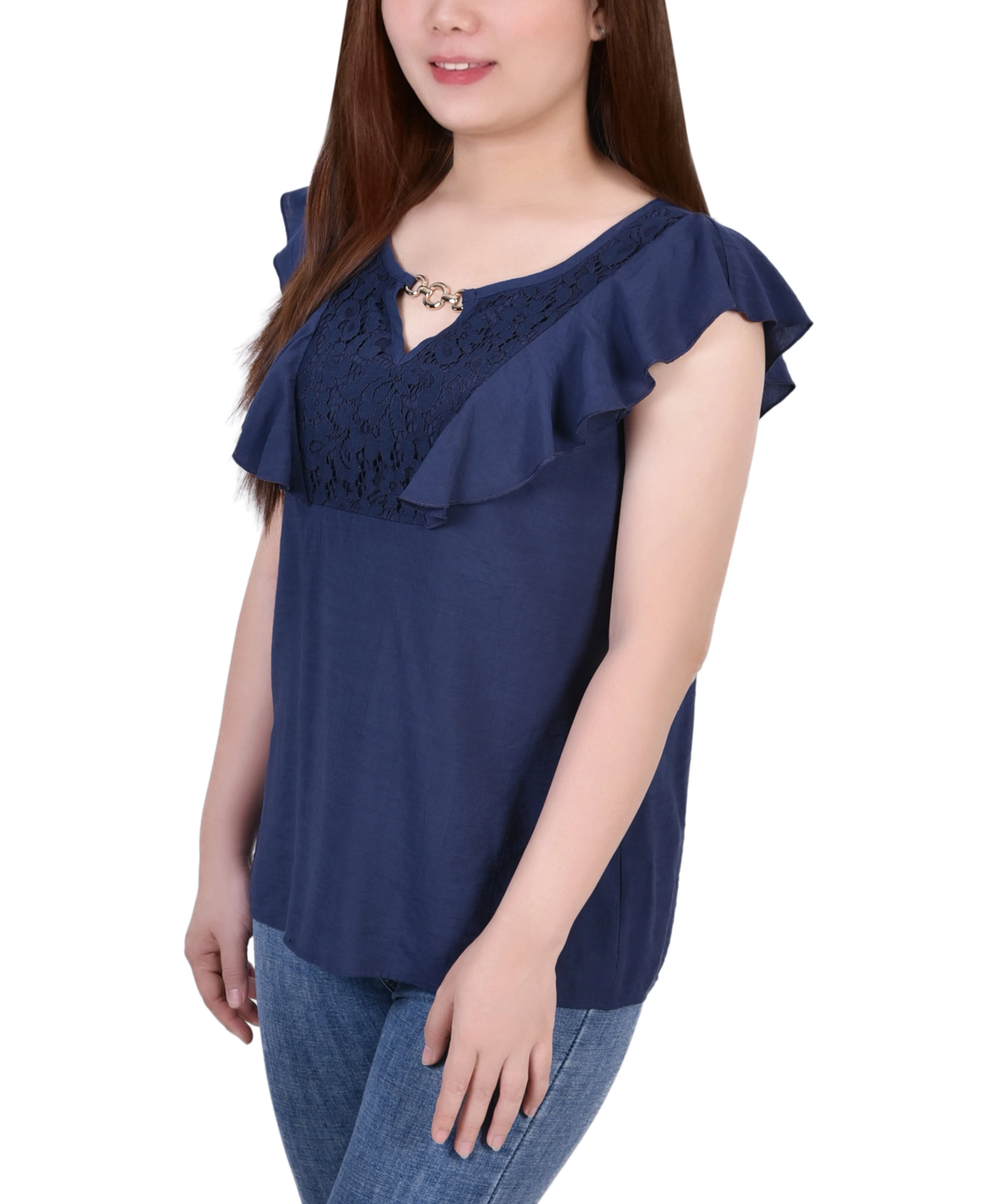 Sleeveless Flutter Yoke Blouse