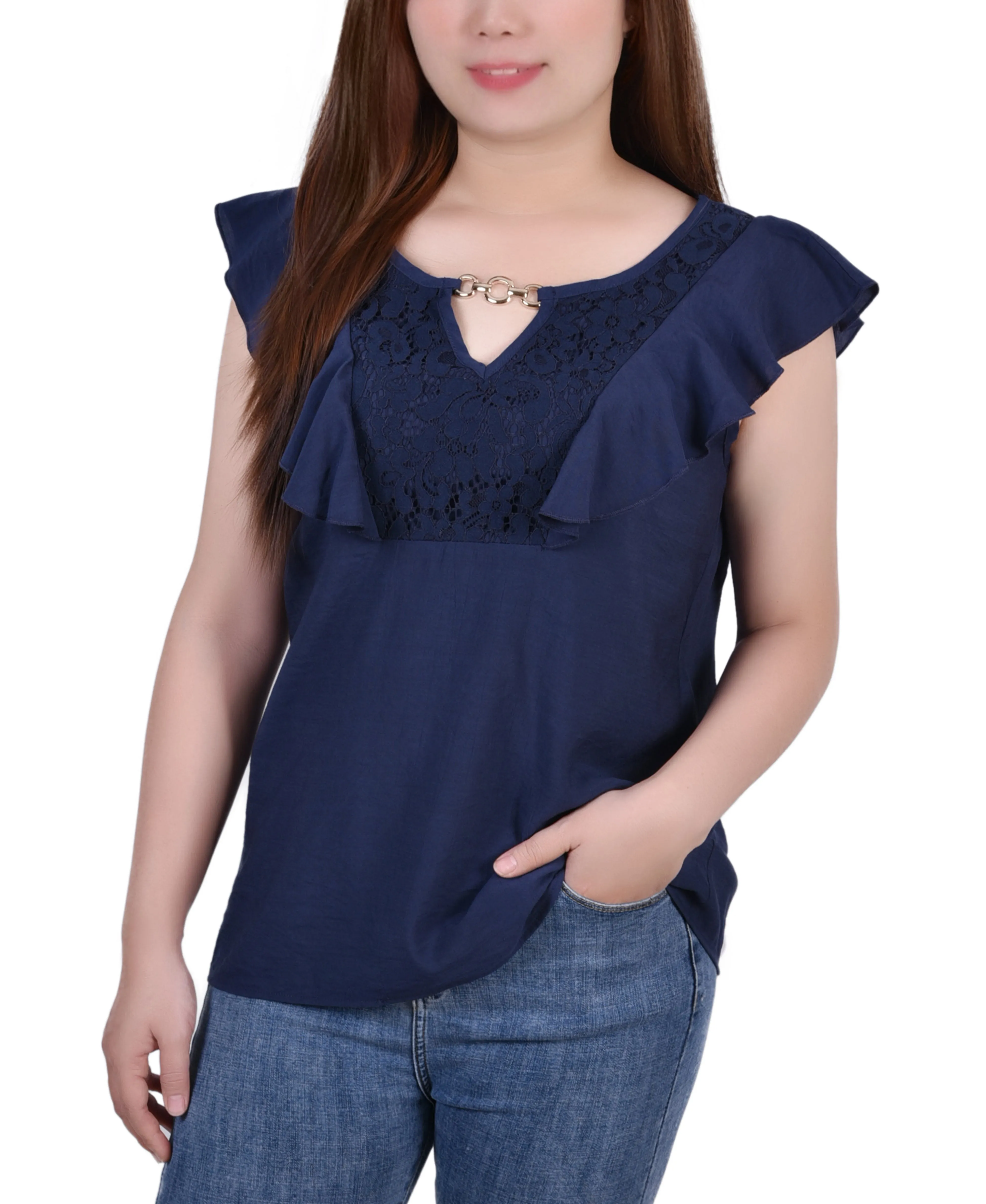 Sleeveless Flutter Yoke Blouse