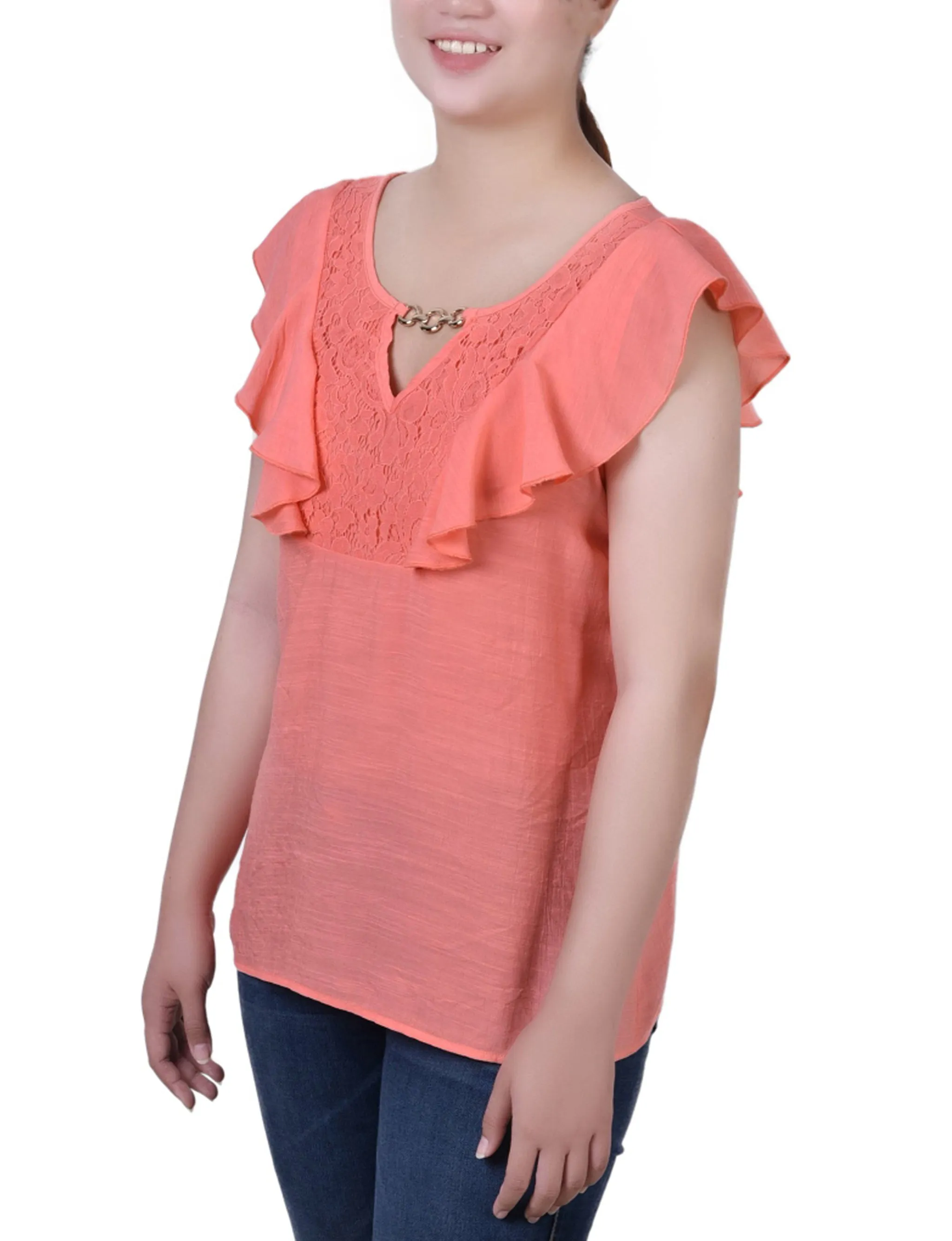 Sleeveless Flutter Yoke Blouse